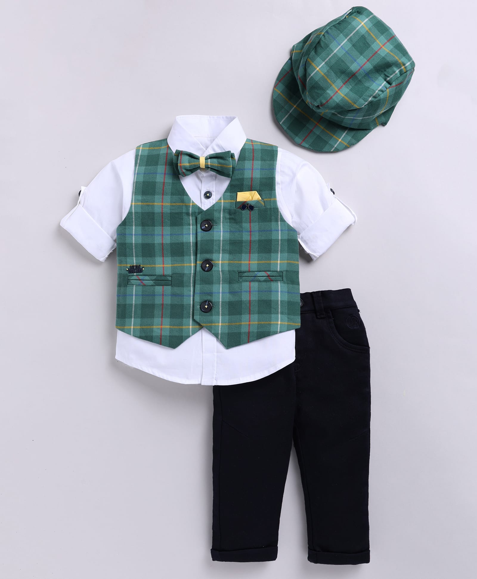 LITTLE COLLARS Cotton Woven Full Sleeves Checked 3 Piece Party Suit Set With Bow & Cap - Green-picture-25