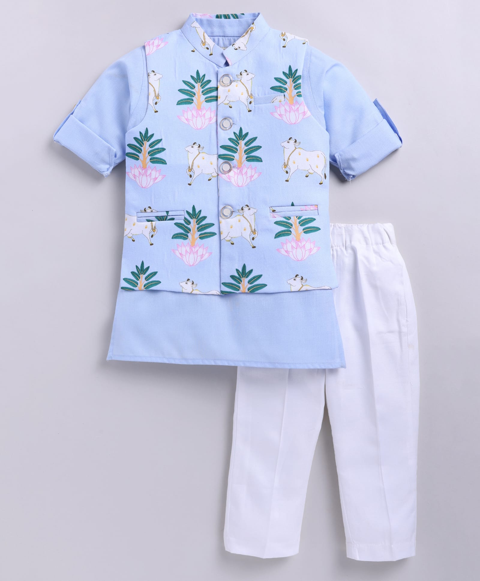 LITTLE COLLARS Cotton Blend Knit Full Sleeves Solid Kurta & Pyjama With Cows & Lotus Printed Jacket Set - Sky-image-18