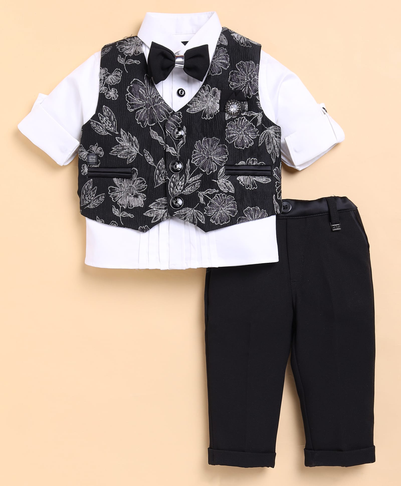 LITTLE COLLARS Lurex Woven Full Sleeves Floral Embroidered 3 Piece Party Suit Set With Bow - Silver-picture-14