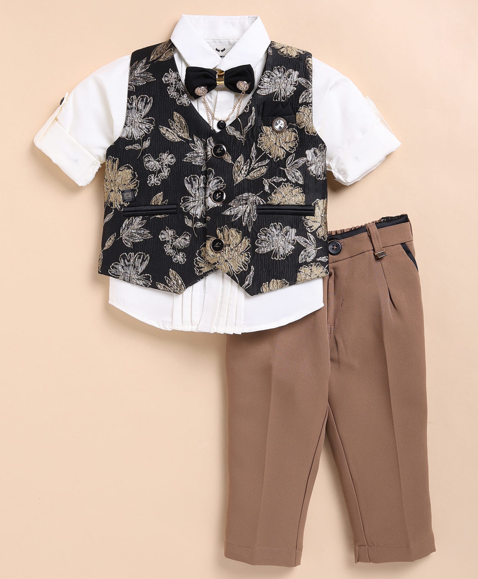 LITTLE COLLARS Lurex Woven Full Sleeves Floral Printed 3 Piece Party Suit Set With Bow - Gold-picture-18