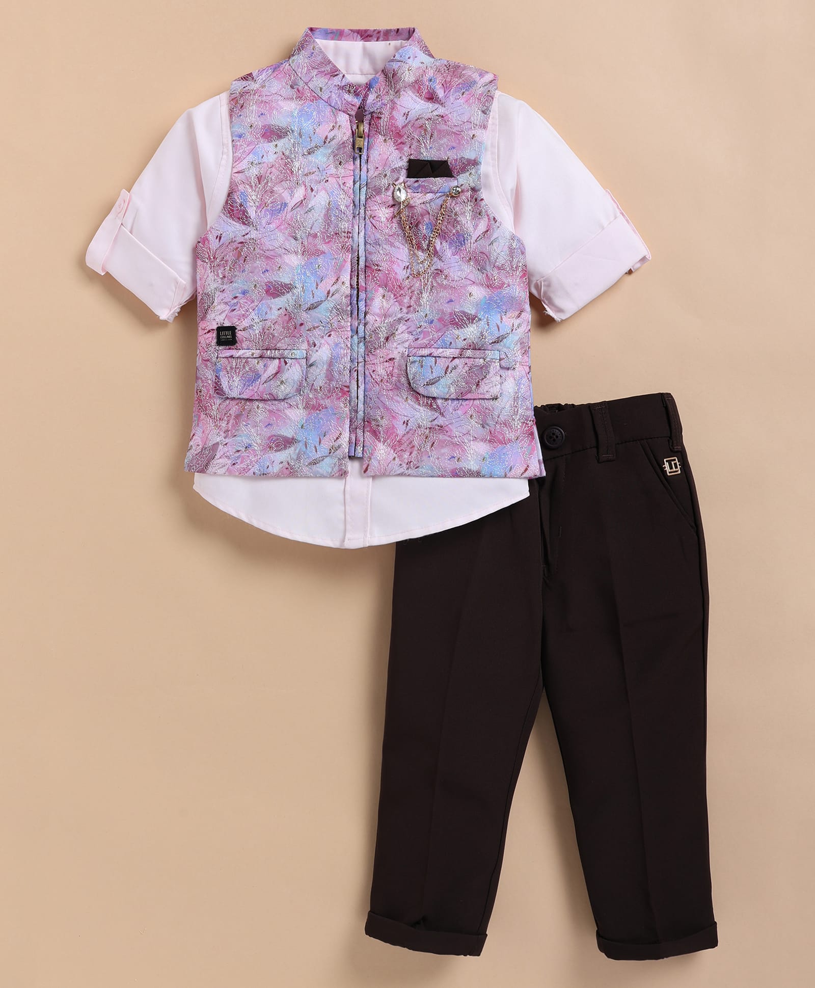 LITTLE COLLARS Embroidered Woven Full Sleeves Floral Designed 3 Piece Party Suit Set With Brooch - Pink