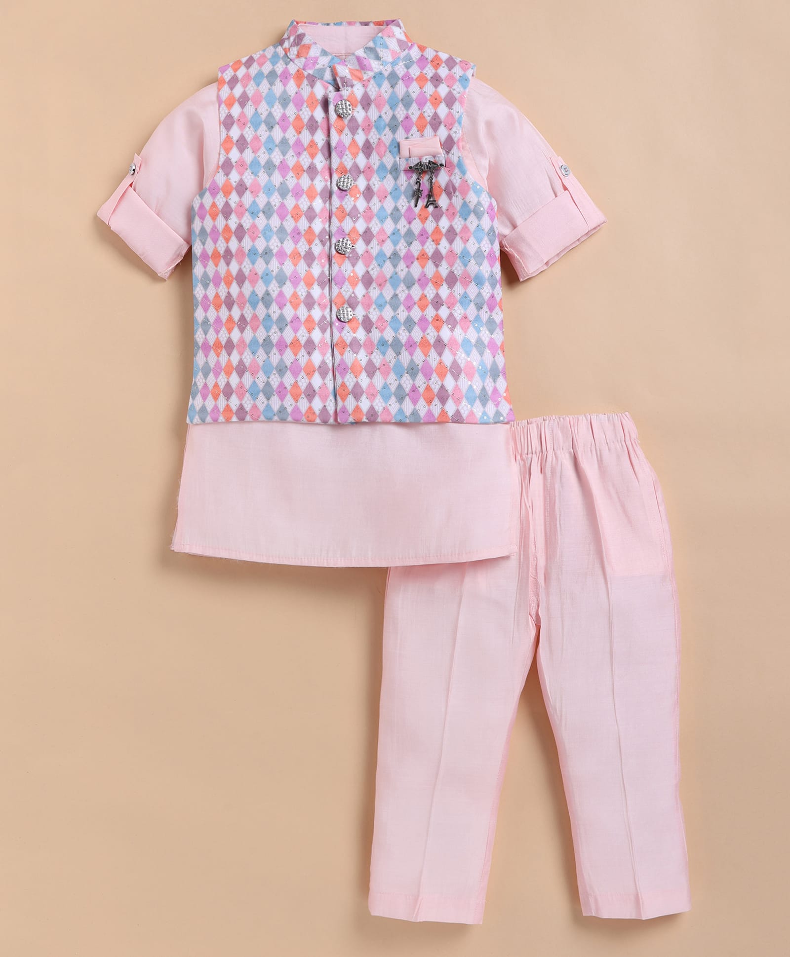 LITTLE COLLARS Blended Woven Full Sleeves Solid Kurta Pajama With Geometric Printed Jacket Set - Pink-picture-23