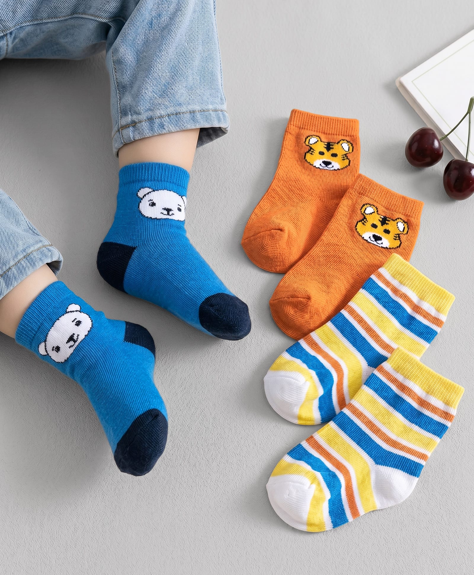 Cute Walk by Babyhug Ankle Length Anti Bacterial Socks with Animal Design Pack of 3 - Blue White & Orange-image-44