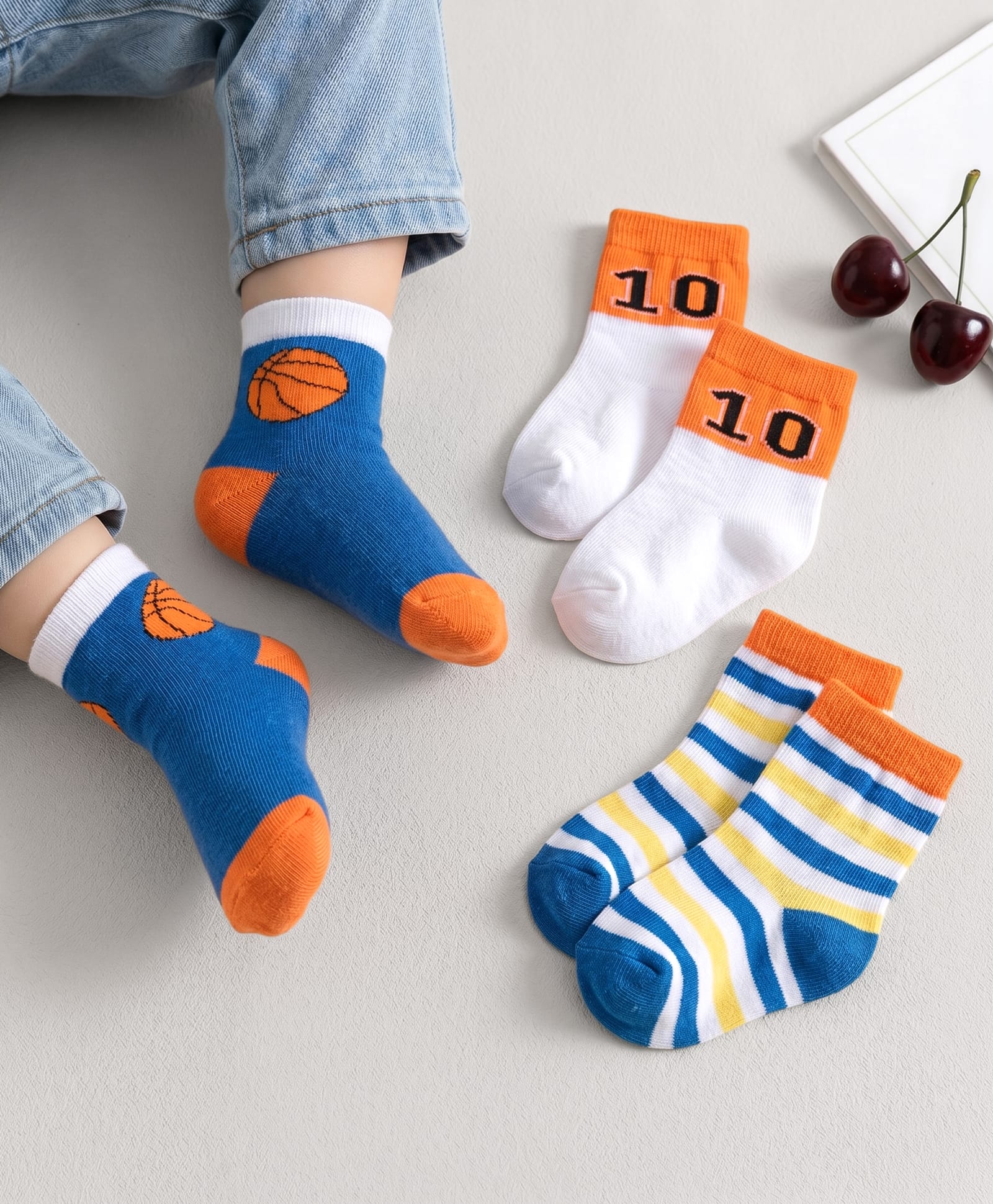 Cute Walk by Babyhug Non Terry Knit Ankle Length Anti Bacterial Socks With Stripes & Basketball Design Pack of 3 - Orange Blue & White-image-49