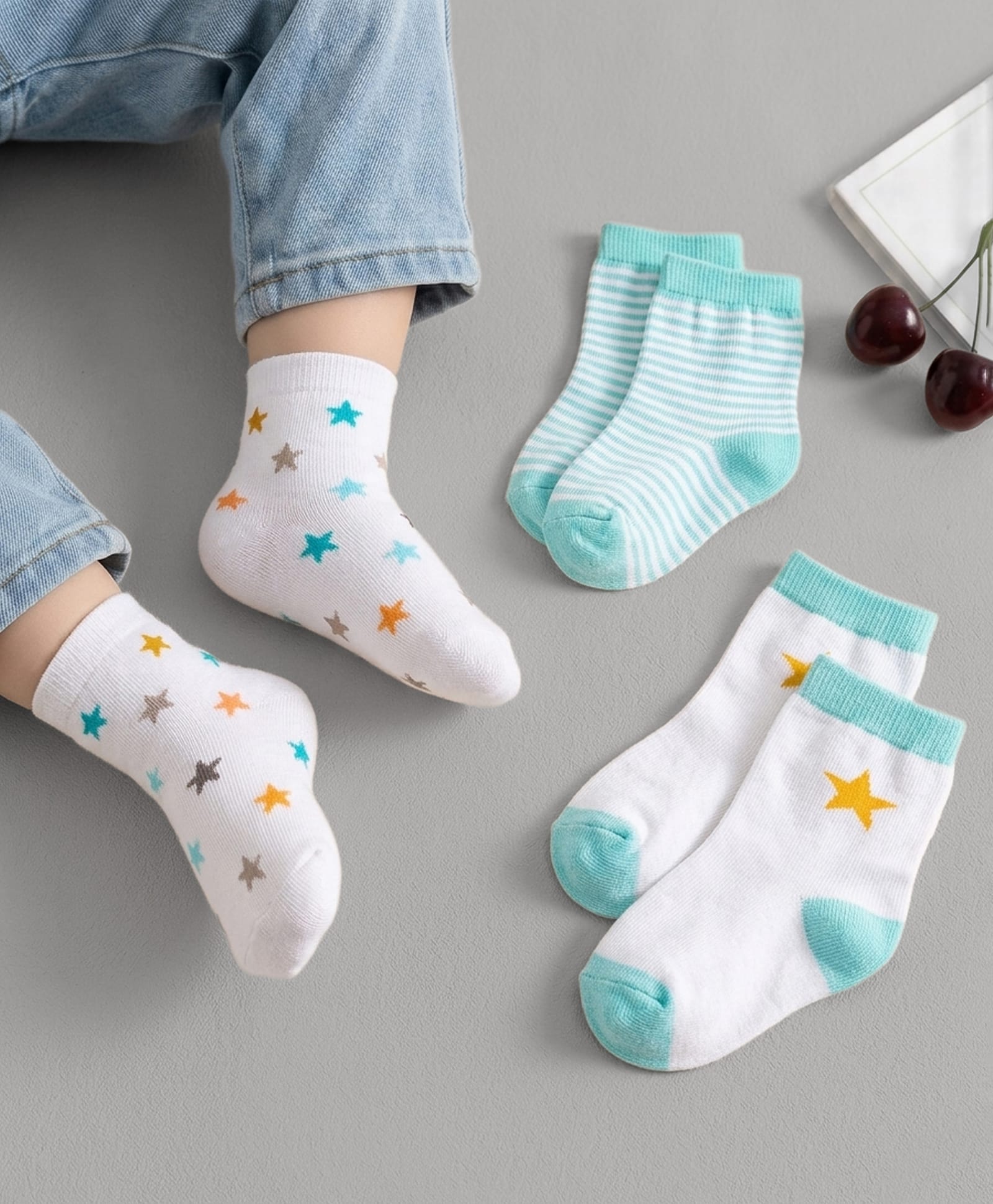 Cute Walk by Babyhug Non Terry Cotton Knit Ankle Length Anti Bacterial Socks With Stripes & Stars Design Pack Of 3 - Multicolour-image-48