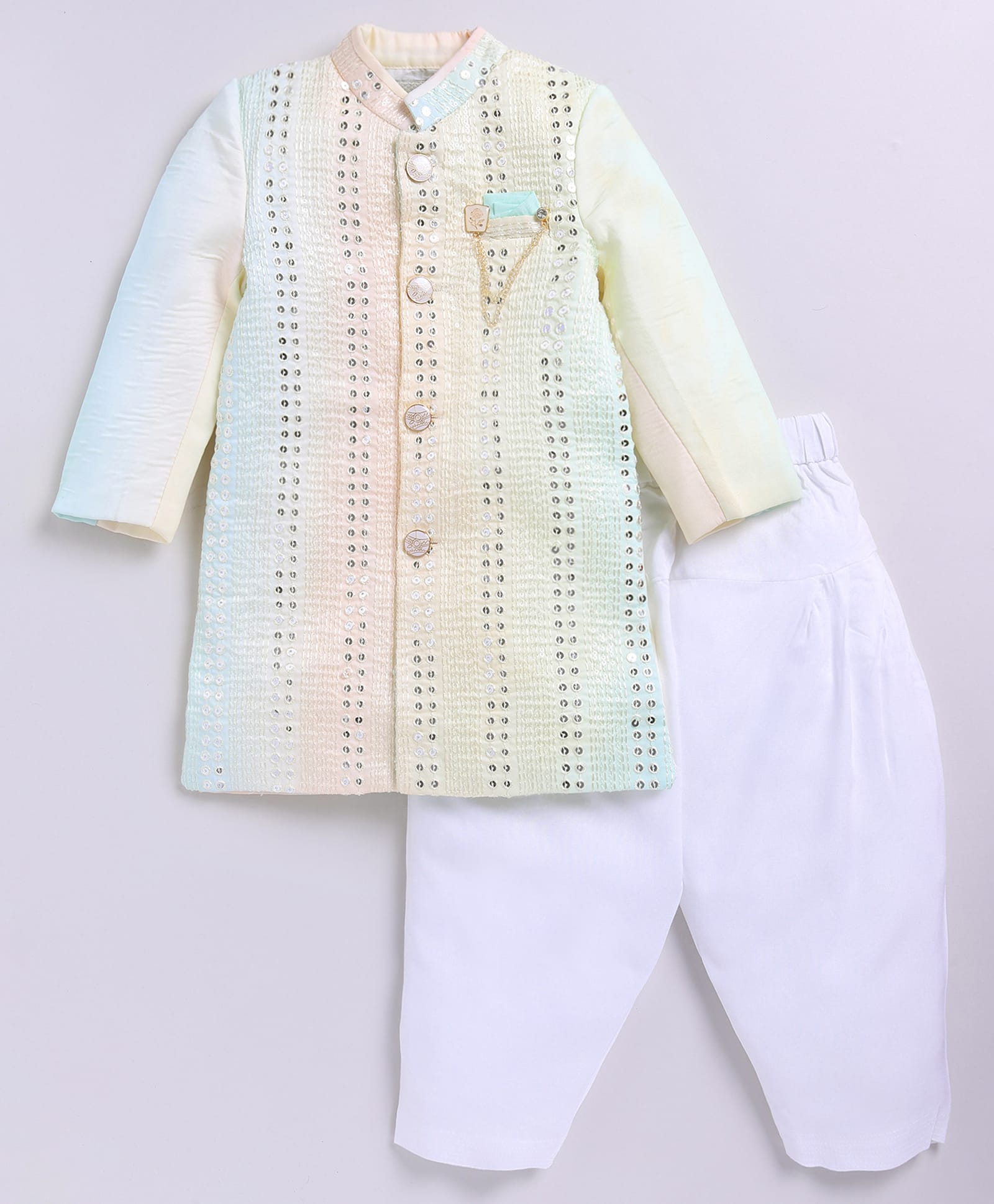 LITTLE COLLARS Blended Woven Full Sleeves Thread Work Embroidered Sequins Embellished Sherwani & Patiala With Brooch Set - Green-image-40