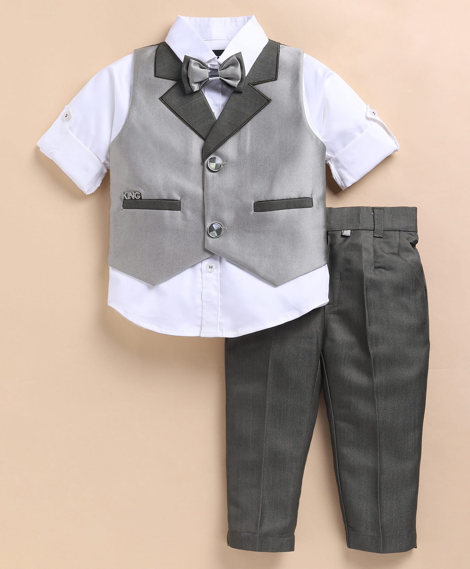 LITTLE COLLARS Terry Woven Full Sleeves Solid 3 Piece Party Suit Set With Bow - Green-image-23
