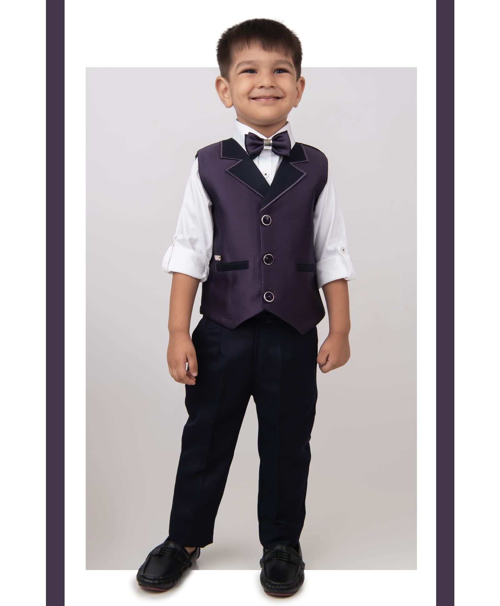 LITTLE COLLARS Terry Woven Full Sleeves Solid 3 Piece Party Suit Set With Bow - Violet-picture-13