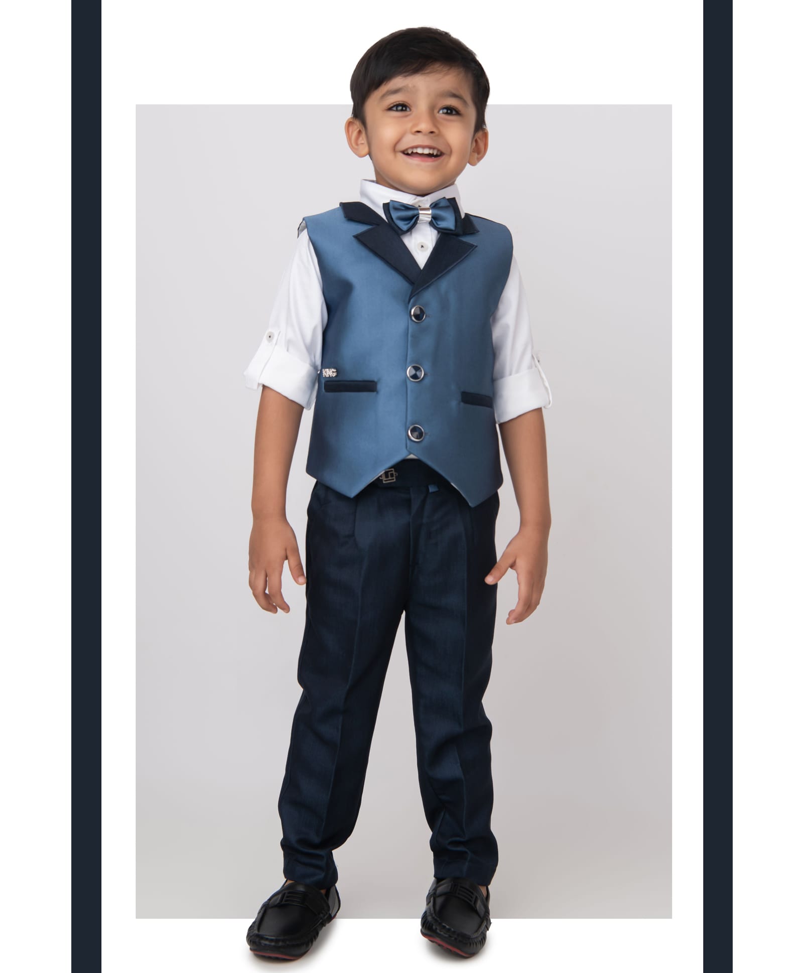 LITTLE COLLARS Terry Woven Full Sleeves Solid 3 Piece Party Suit Set With Bow - Blue-picture-26