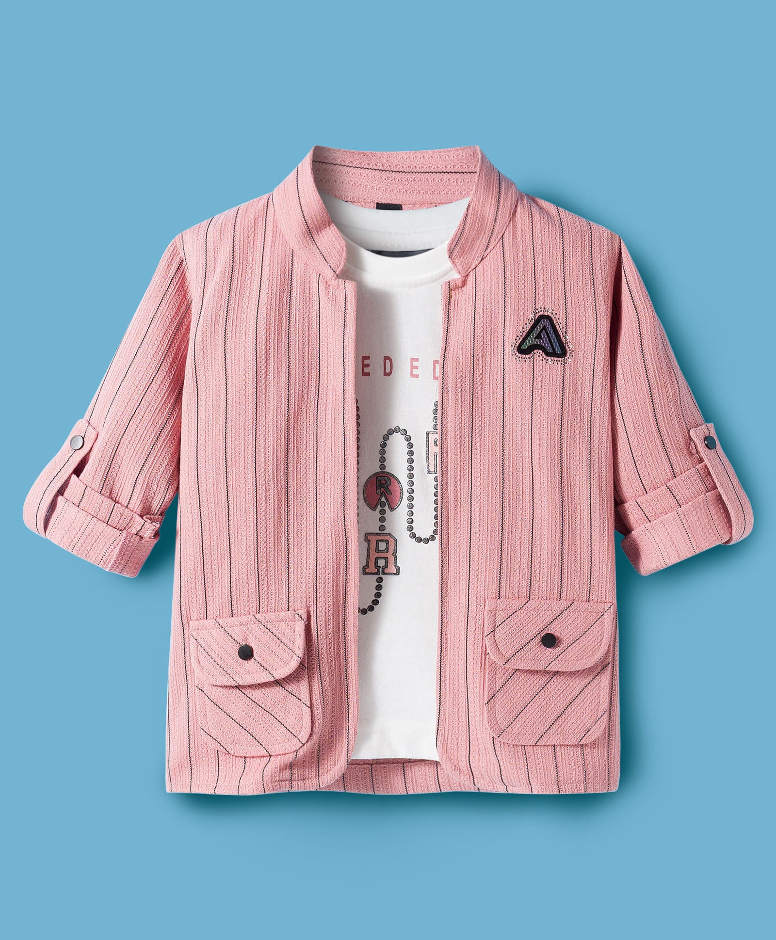 Dapper Dudes Full Sleeves Striped Jacket With Typography Foil Printed Tee - Pink-image-11