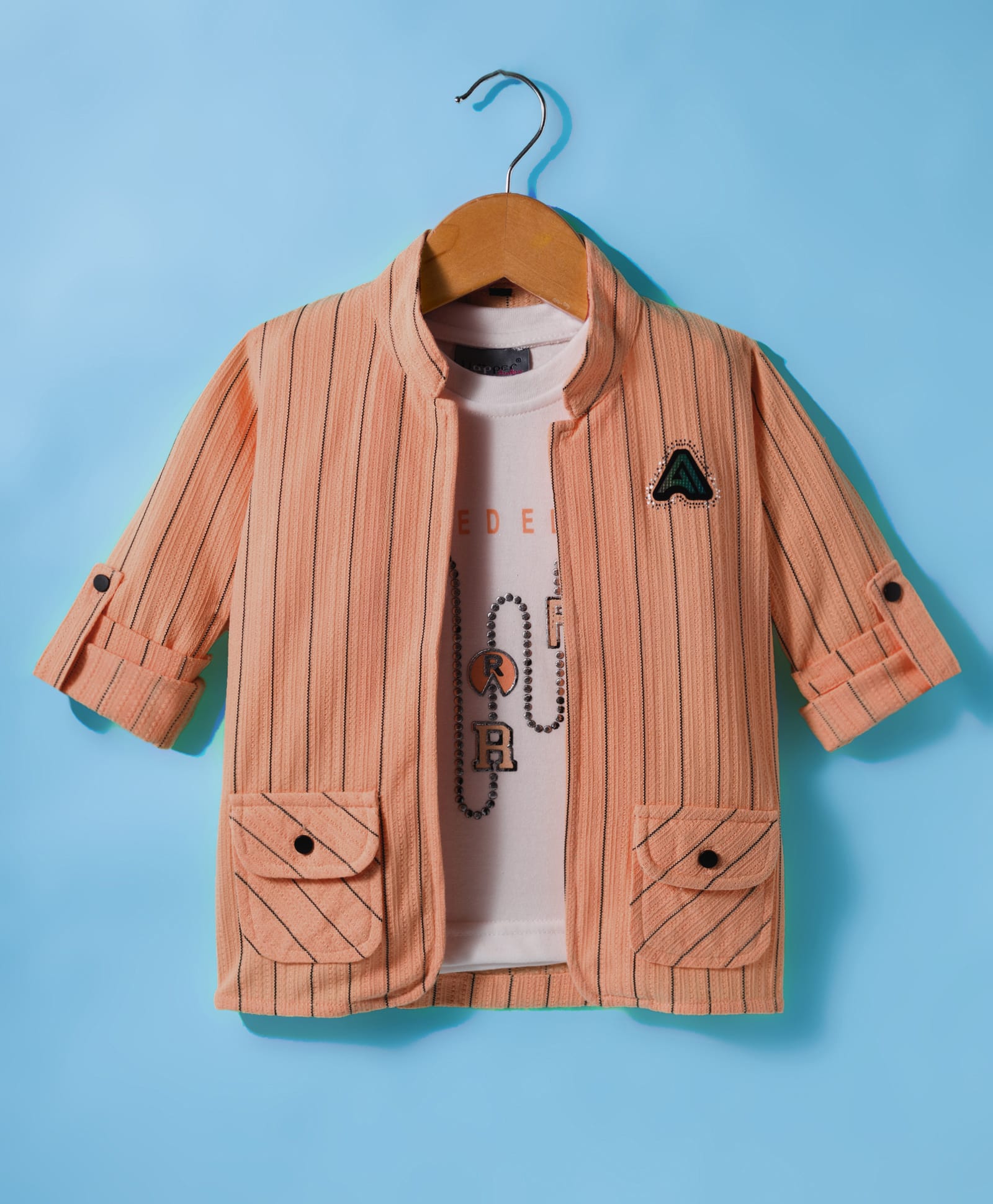 Dapper Dudes Full Sleeves Striped Jacket With Typography Foil Printed Tee - Peach-picture-18