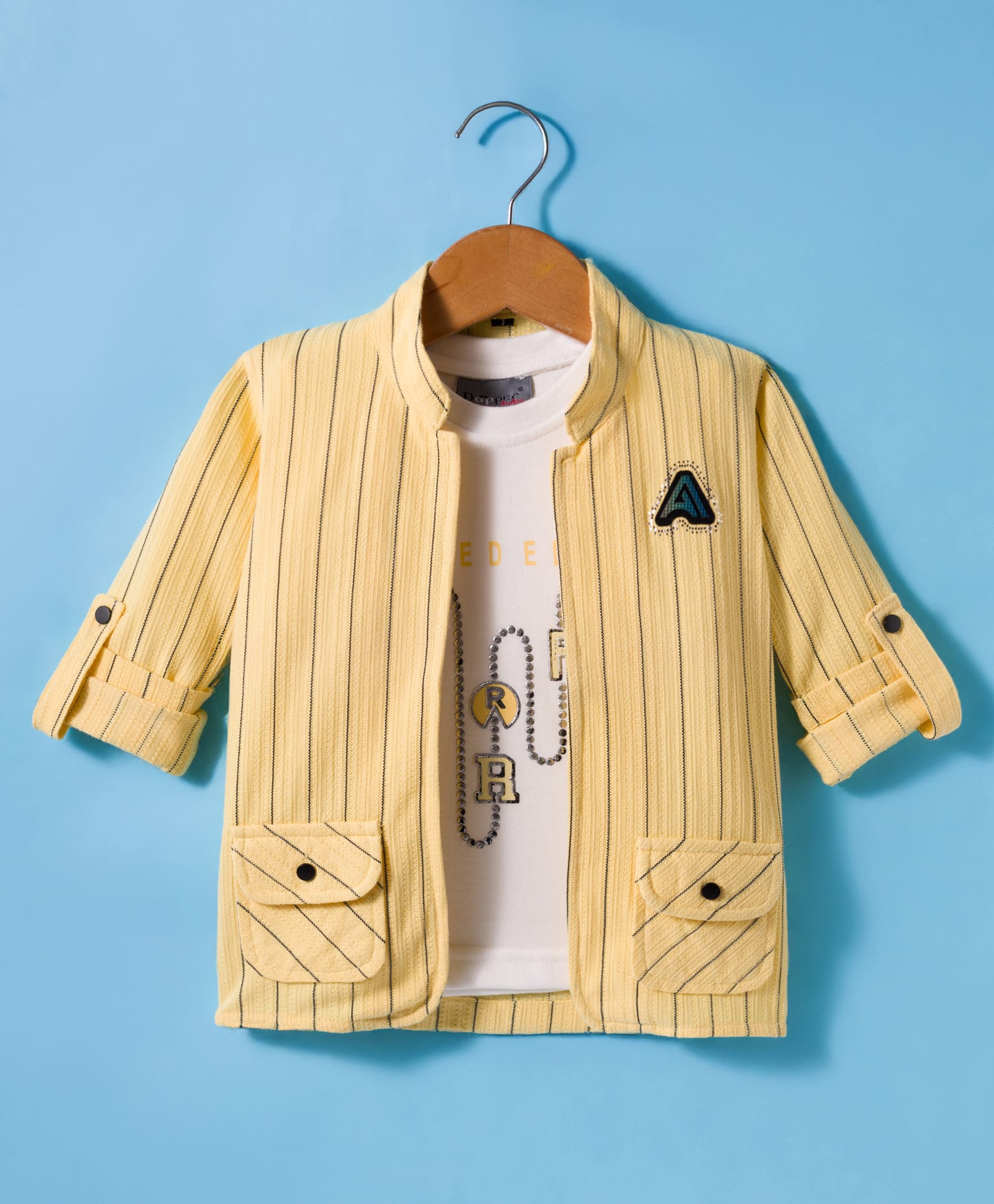 Dapper Dudes Full Sleeves Striped Jacket With Typography Foil Printed Tee - Lemon-picture-11
