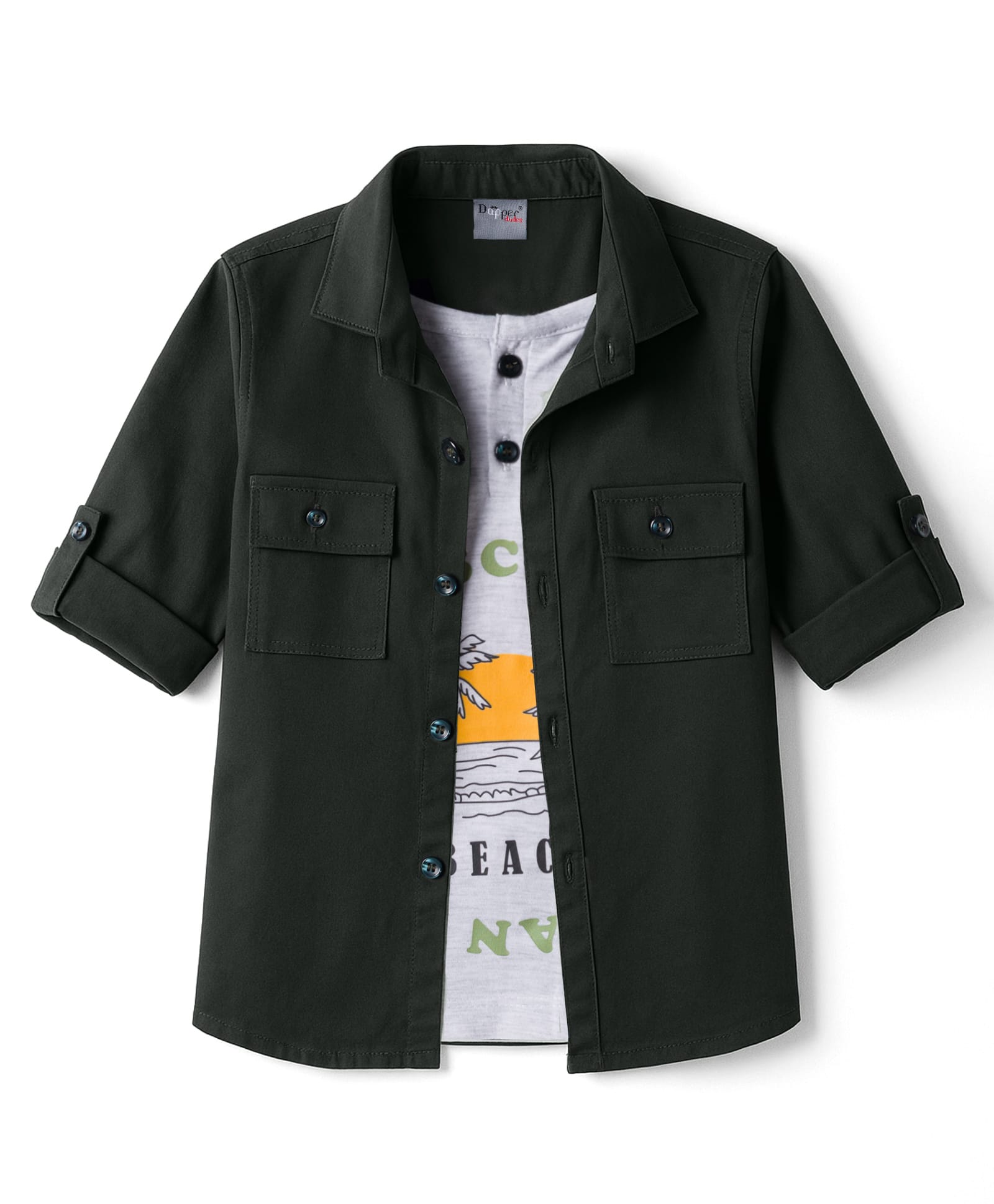 Dapper Dudes Full Sleeves Solid Shirt With Attached Beach Theme Printed Tee - Green-picture-31