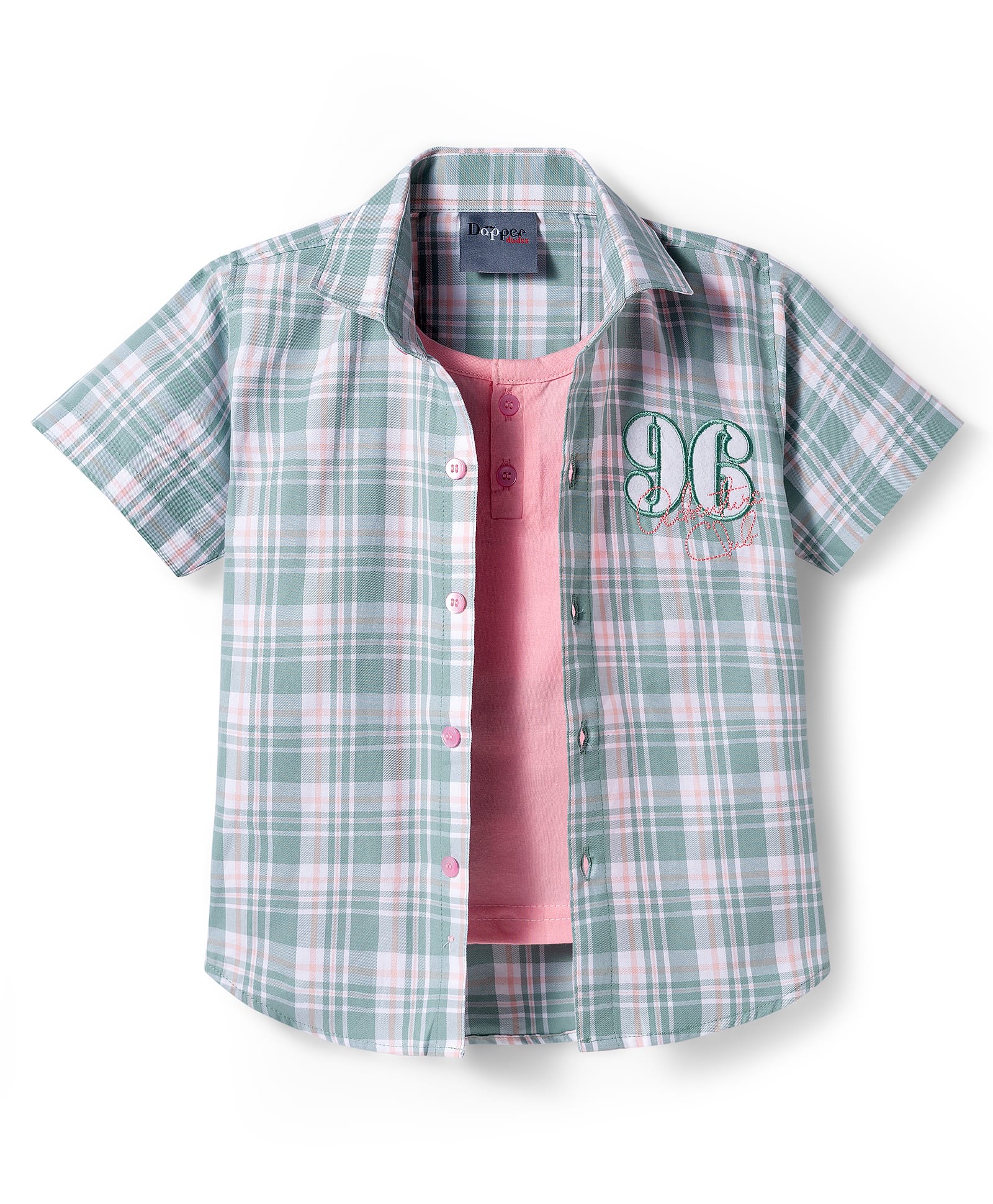 Dapper Dudes Half Sleeves Checked & 96 Number Patch Detailed Shirt With Attached Tee - Green-image-46