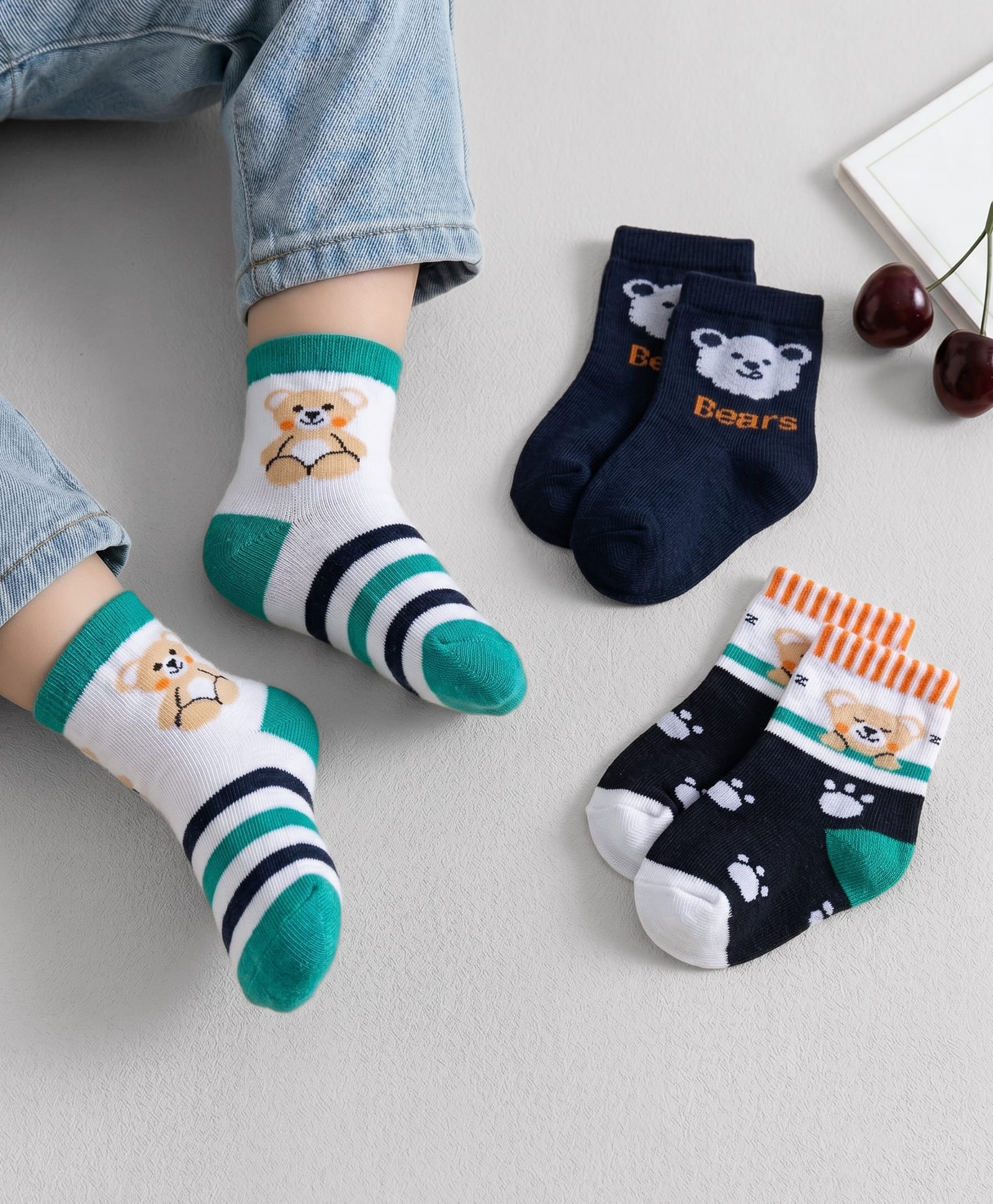 Cute Walk by Babyhug Non Terry Knit Ankle Length Anti Bacterial Socks With Stripes & Animal Design Pack of 3 - Green Navy Blue & White-picture-25