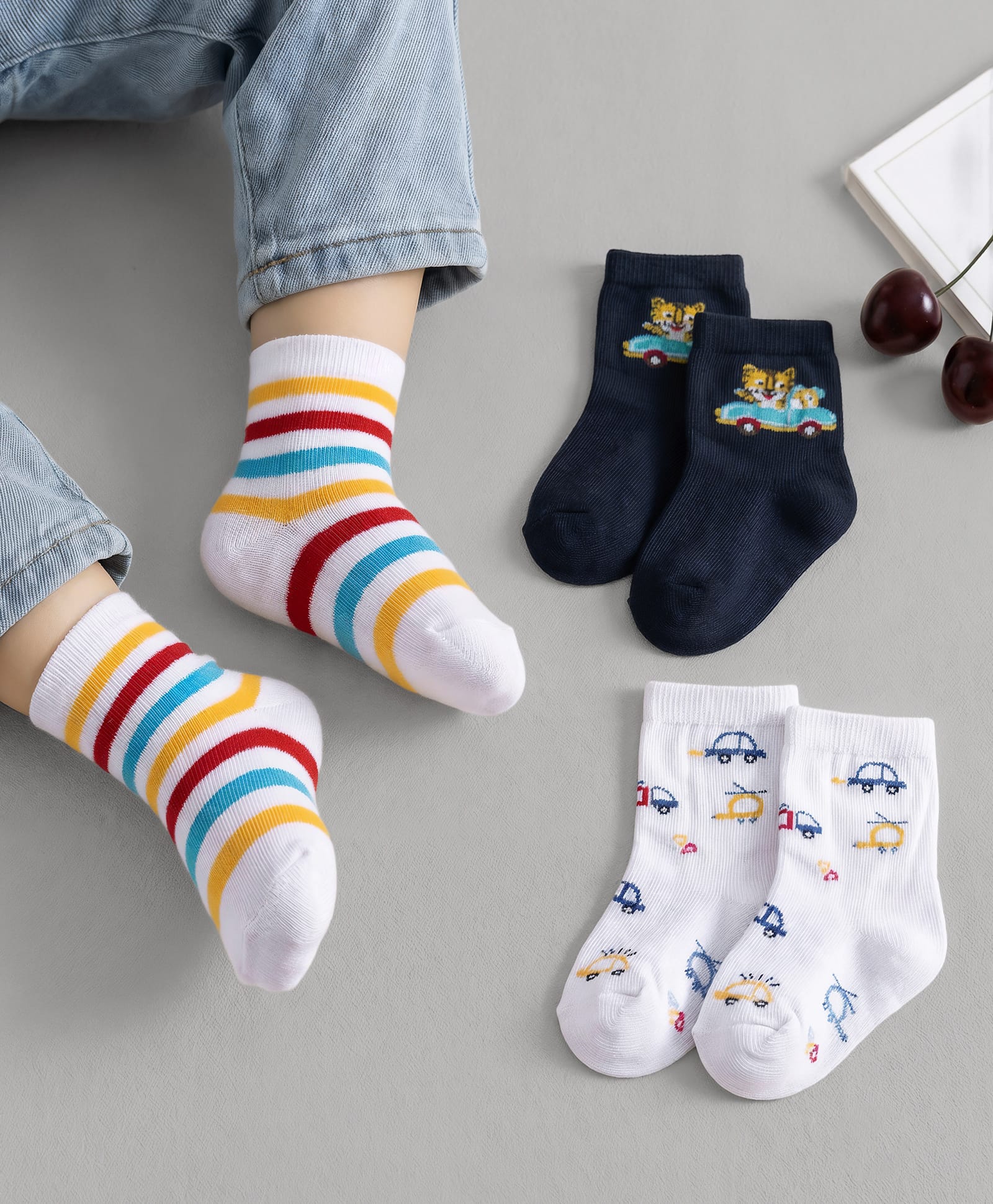 Cute Walk by Babyhug Non Terry Knit Ankle Length Anti Bacterial Socks With Stripes & Car Design Pack of 3 - Multicolor-picture-24