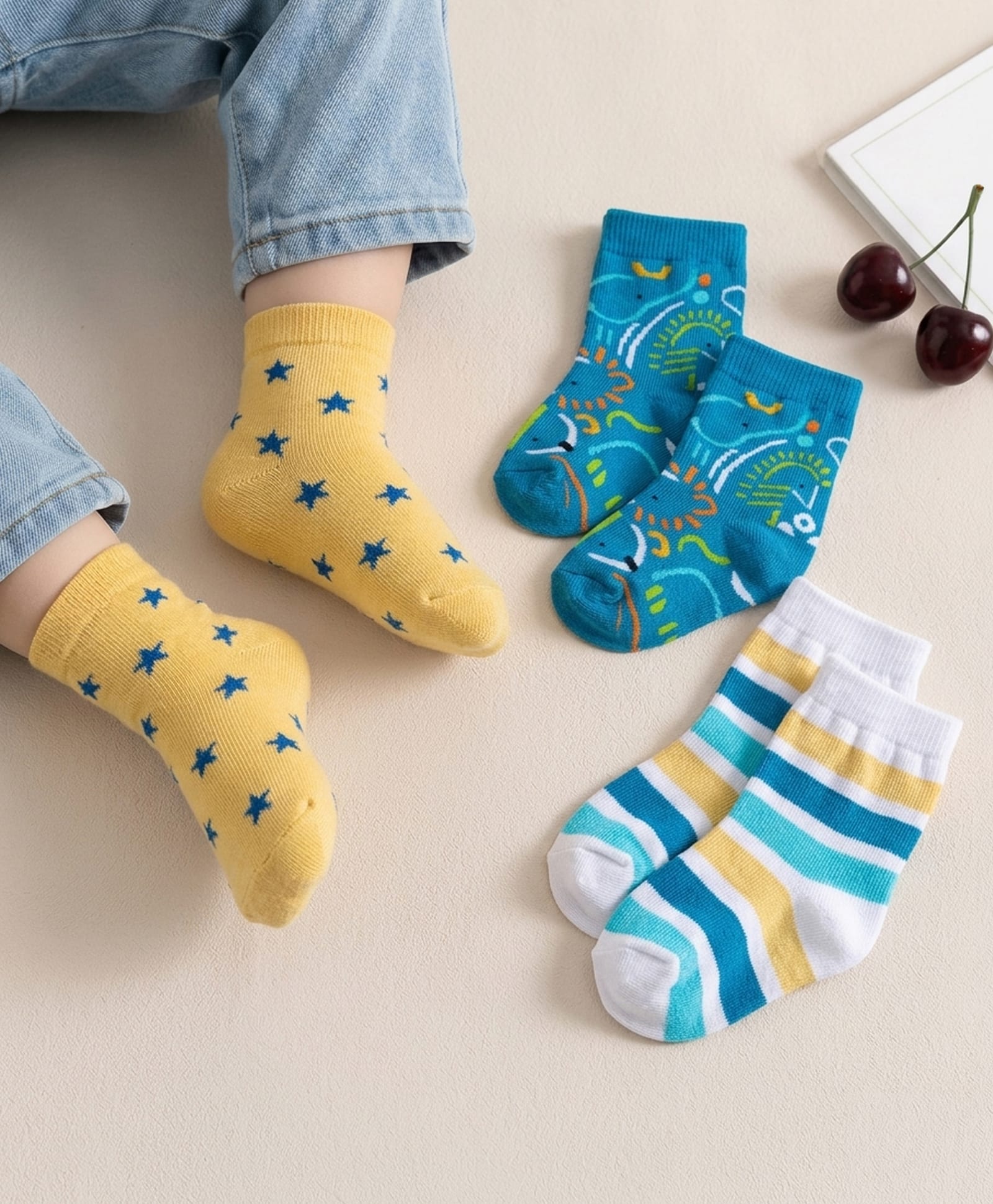 Cute Walk by Babyhug Non Terry Knit Ankle Length Anti Bacterial Socks With Stripes & Star Design Pack of 3 - Yellow Blue & White-image-46