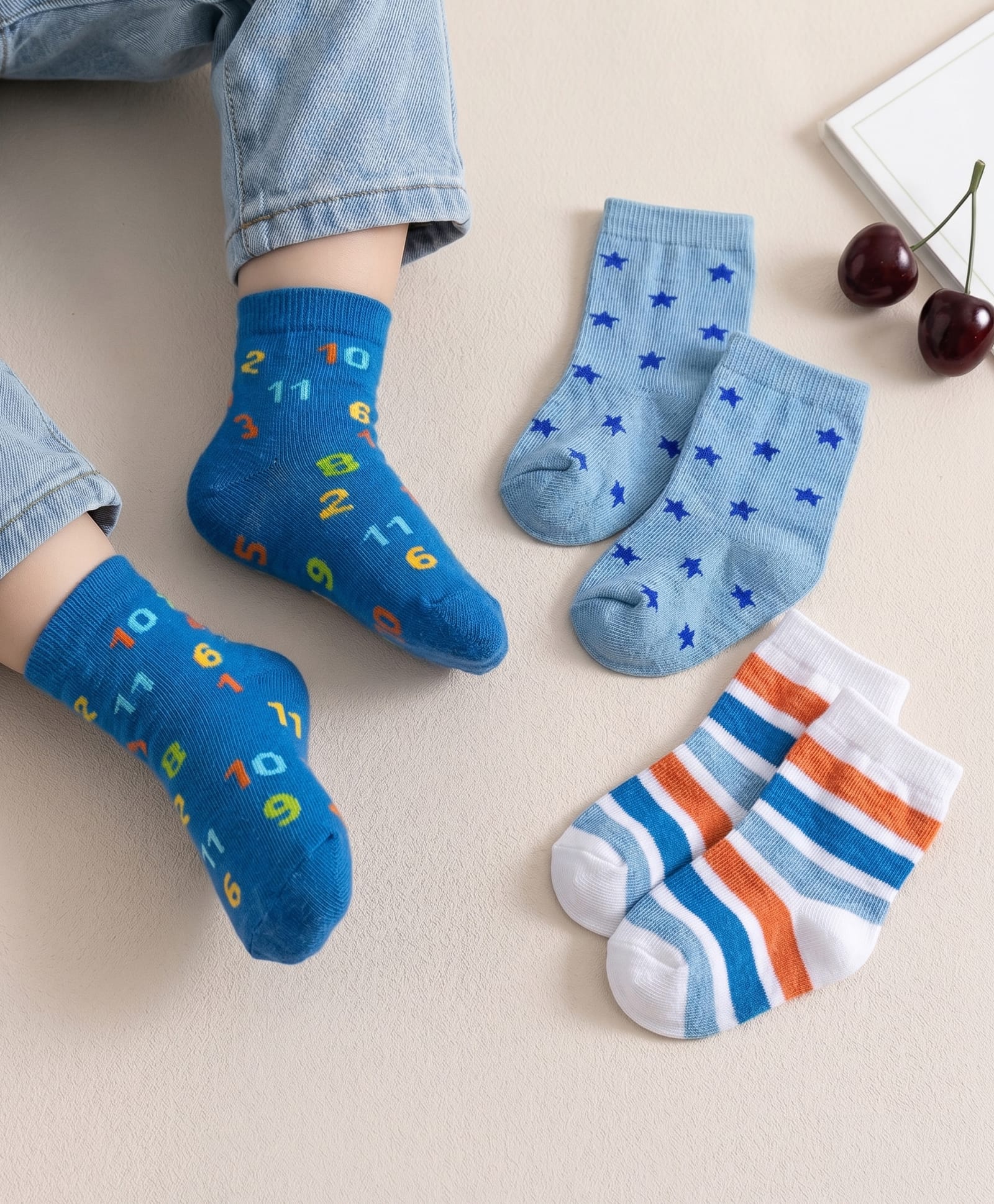 Cute Walk by Babyhug Non Terry Knit Ankle Length Anti Bacterial Socks With Stripes & Star Design Pack of 3 - Blue & White-image-45