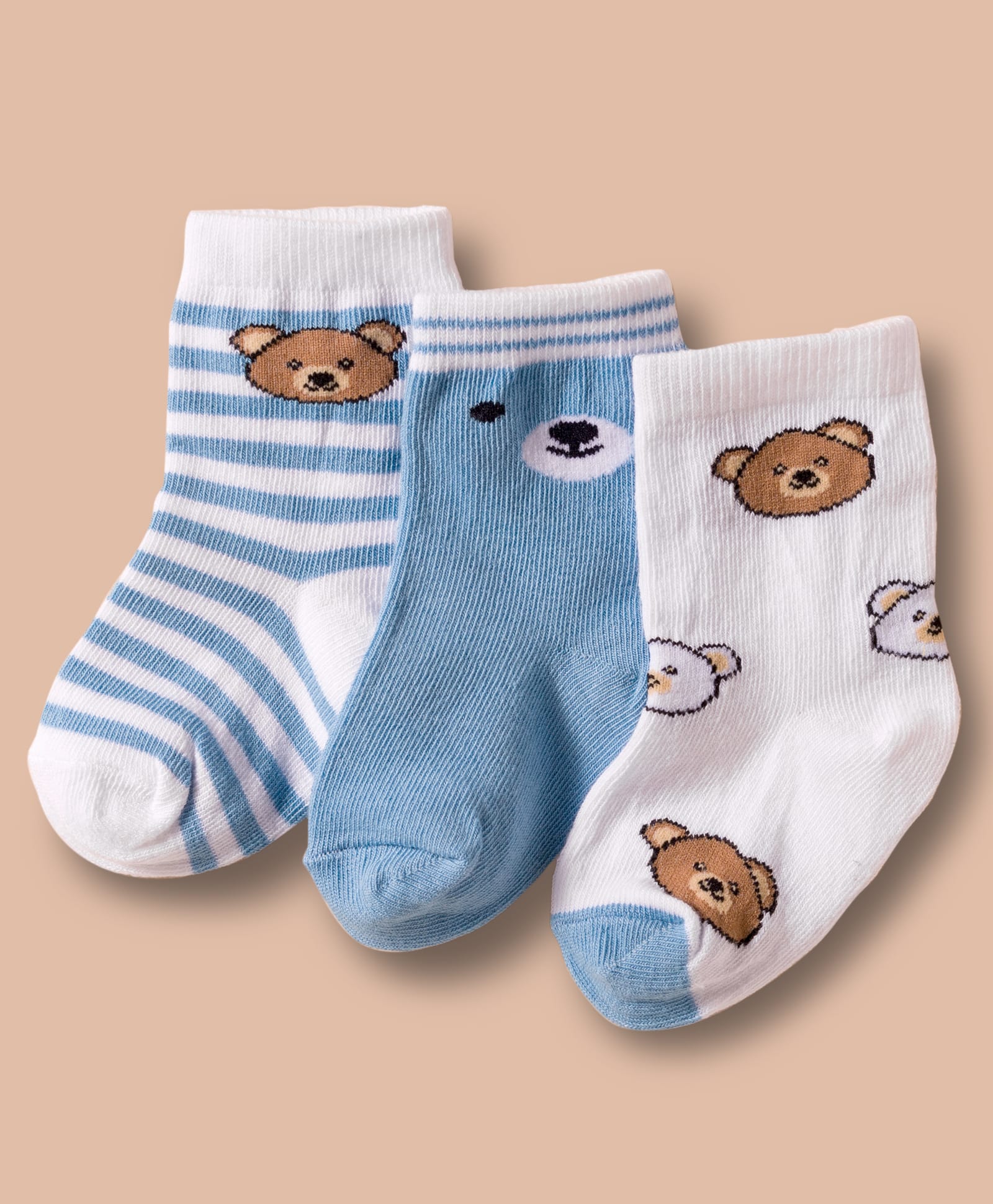 Cute Walk by Babyhug Non Terry Cotton Knit Ankle Length Anti Bacterial Socks With Stripes & Teddy Bear Design Pack Of 3 - Multicolour
