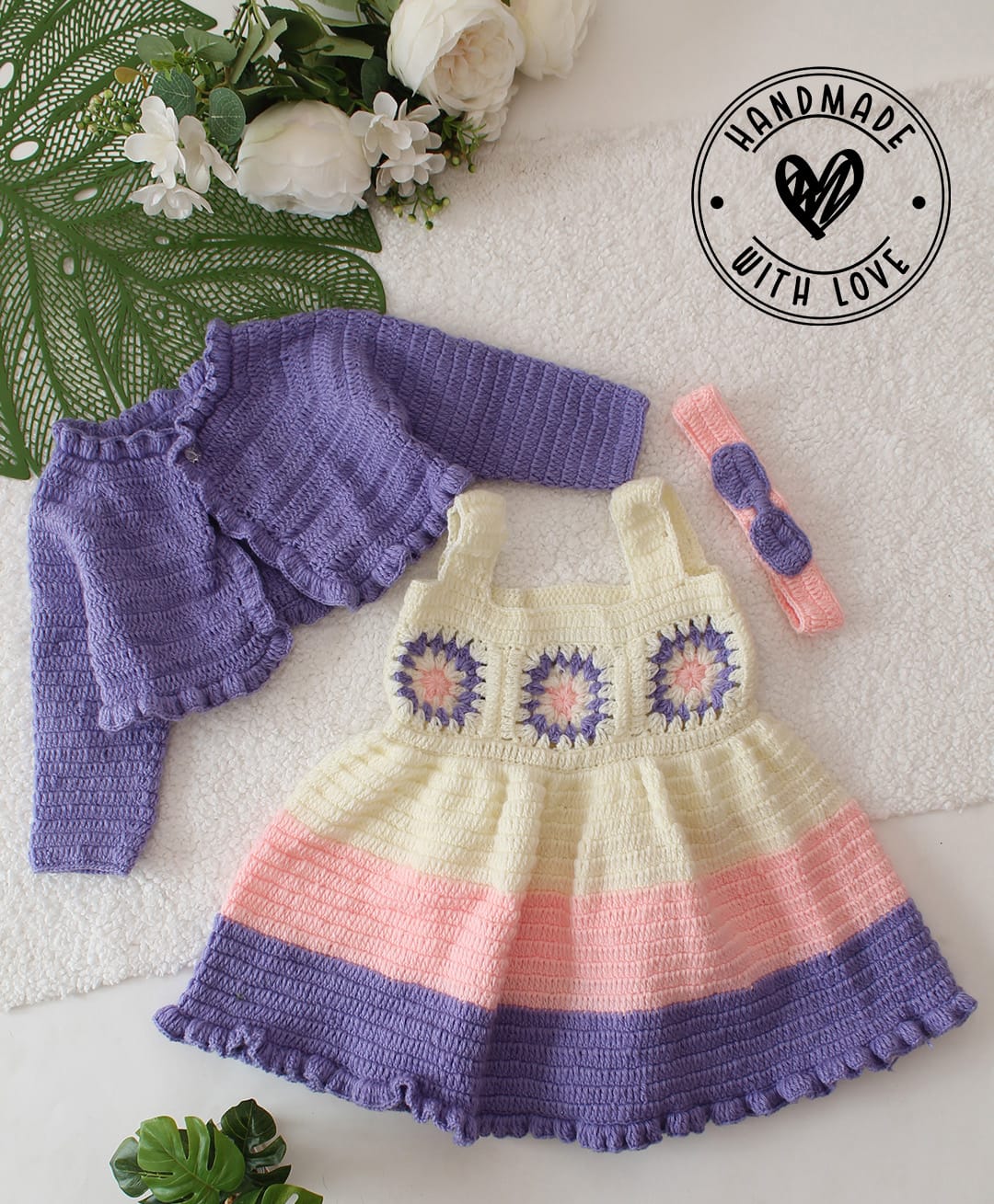Woonie Handknitted Colour Blocked Abstract Designed Dress With Full Sleeves Shrug & Headband - Purple-image-22