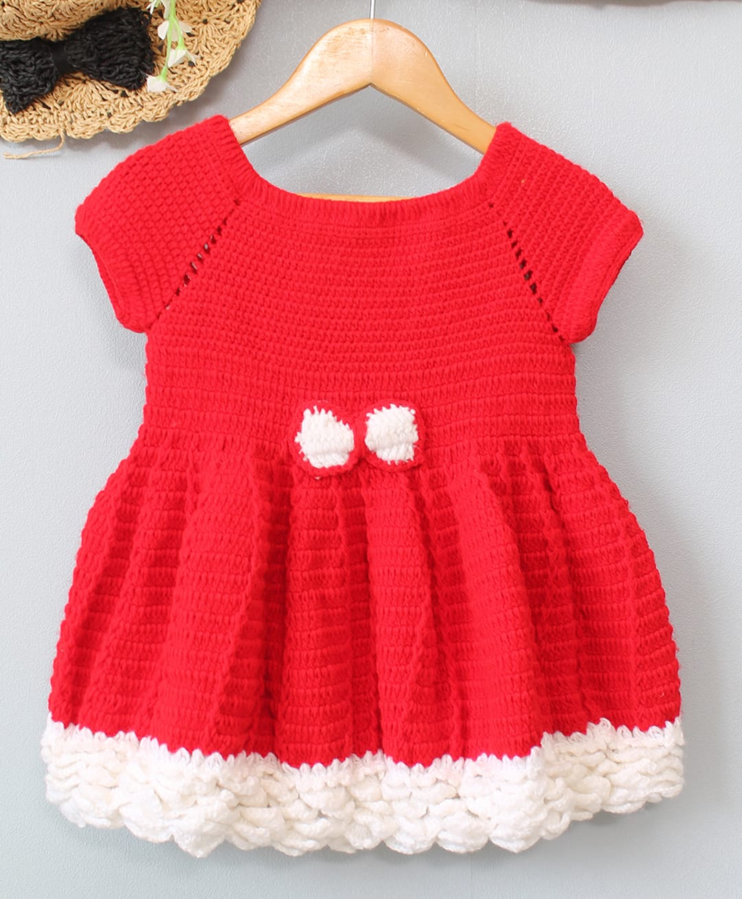 Woonie Hand Knitted Cap Sleeves Bow Detailed Dress - Red-picture-19