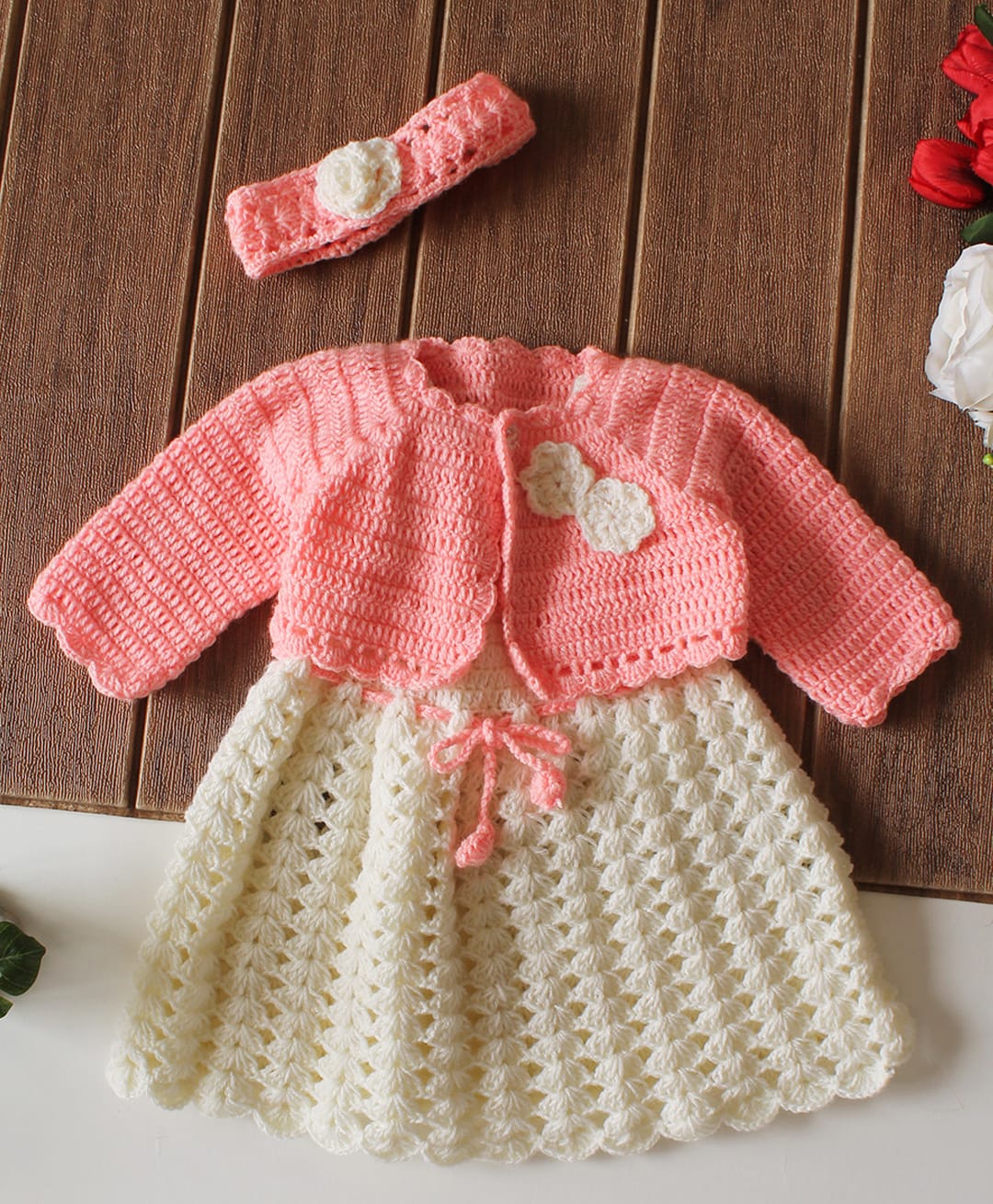 Woonie Handknitted Floral Applique Detailed Dress With Full Sleeves Shrug & Headband - Peach-image-33