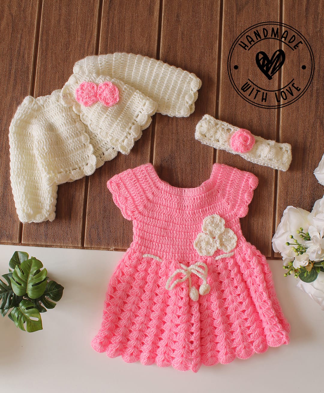 Woonie Handknitted Floral Applique Detailed Dress With Full Sleeves Shrug & Headband - Pink