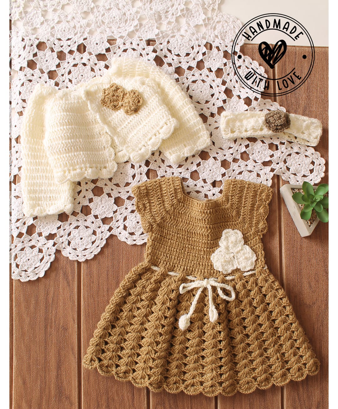 Woonie Hand Knitted Full Sleeves Floral Designed Dress With Shrug & Headband - Beige-image-43