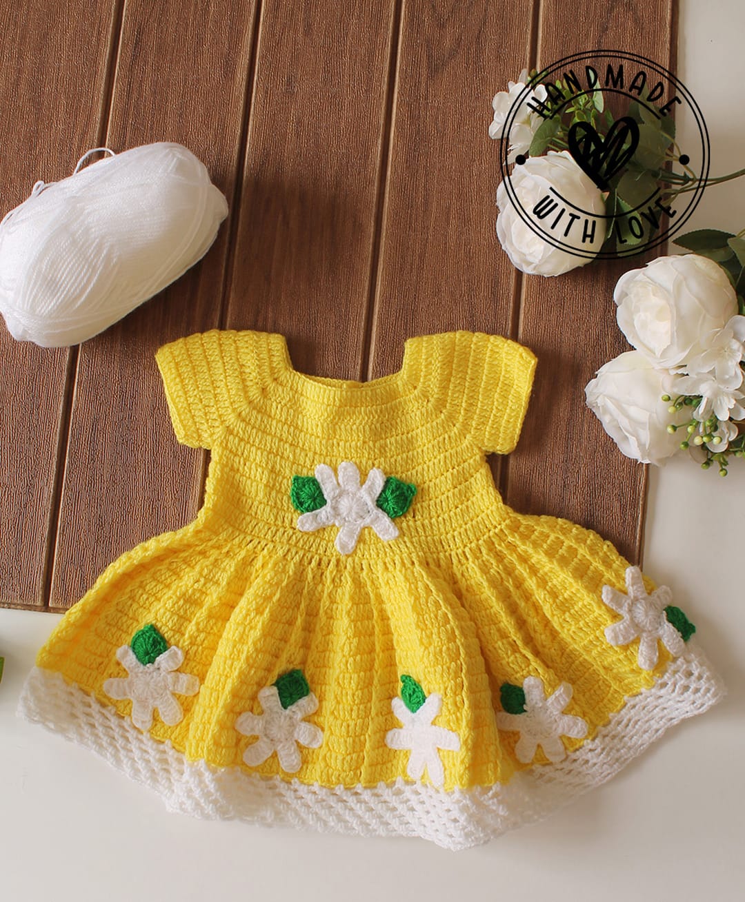 Woonie Handknitted Cap Sleeves Floral Applique Detailed Dress - Yellow-picture-21