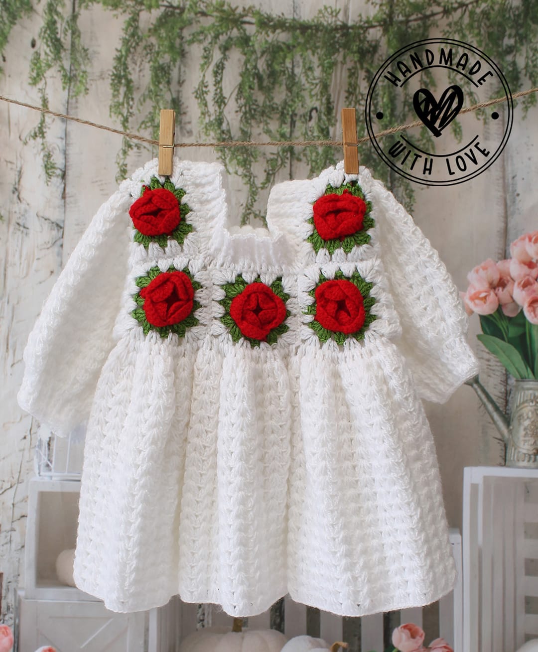 Woonie Hand Knitted Full Sleeves Rose Designed Dress - White-picture-13
