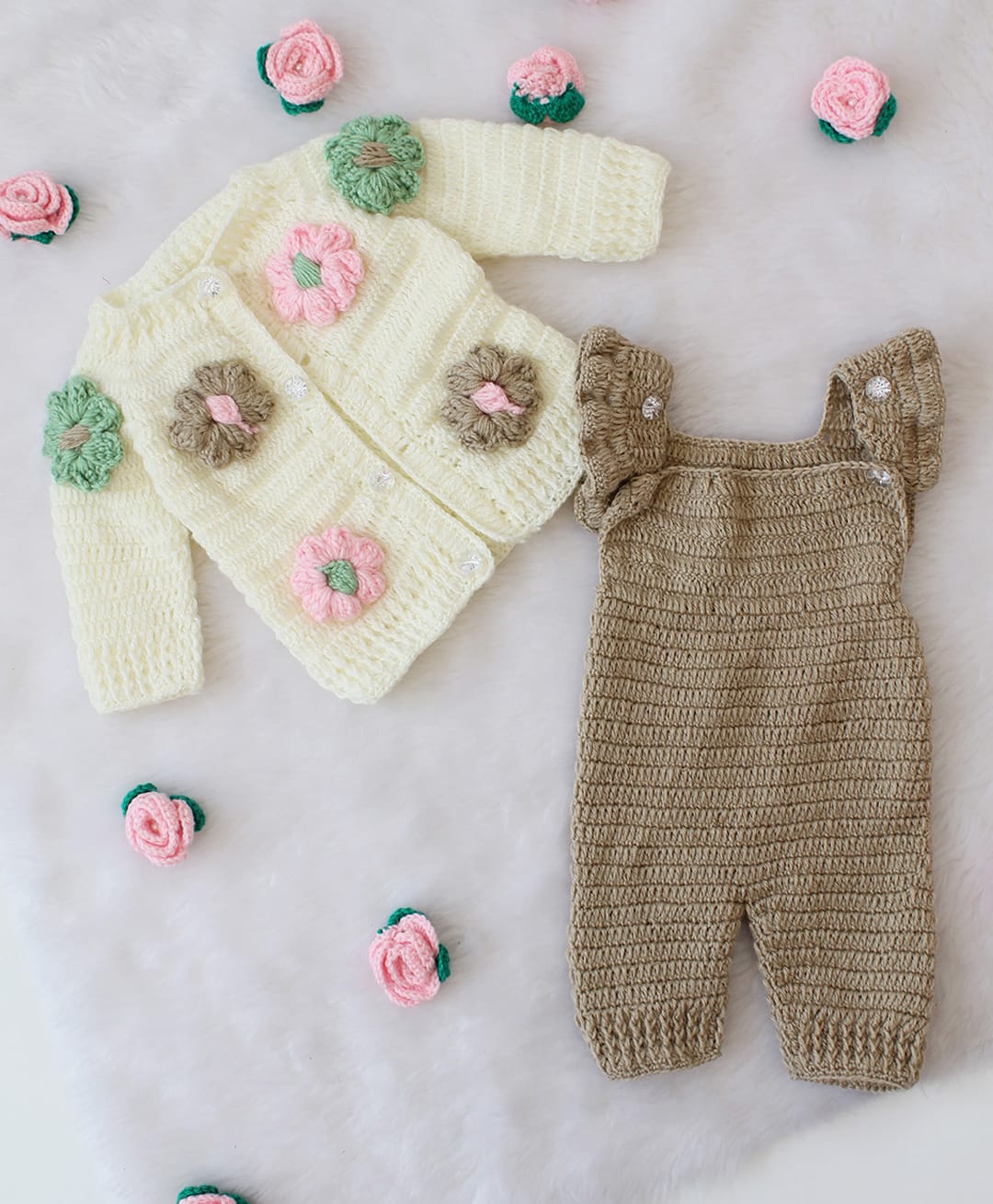 Woonie Hand Knitted Full Sleeves Floral Applique Detailed Sweater With Solid Dungaree - Beige-picture-21