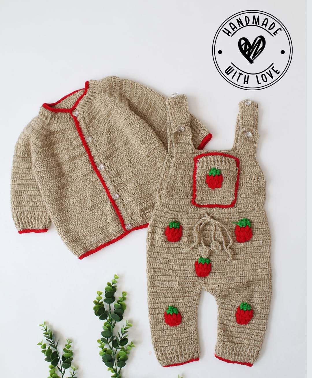 Woonie Hand Knitted Full Sleeves Solid Sweater With Strawberry Applique Detailed Dungaree - Beige-picture-11