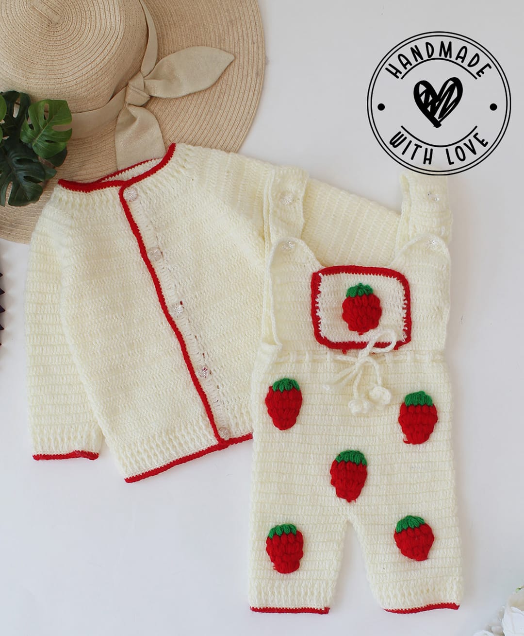 Woonie Hand Knitted Full Sleeves Solid Sweater With Strawberry Applique Detailed Dungaree - Cream-picture-18