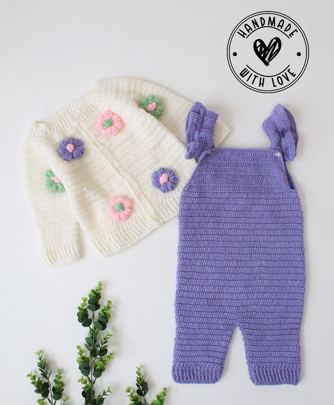 Woonie Hand Knitted Full Sleeves Floral Applique Detailed Sweater With Solid Dungaree - Purple-picture-16