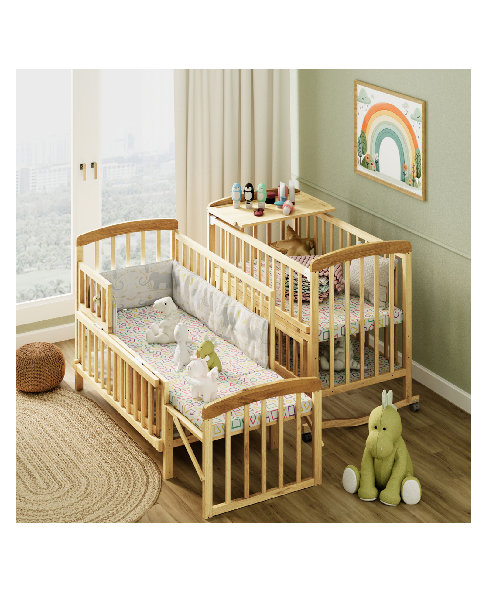 Furnifest FlexiCot 16 in 1 Wooden Baby Cot with Rocking Function Mattress for both standard and extened mode - Beige