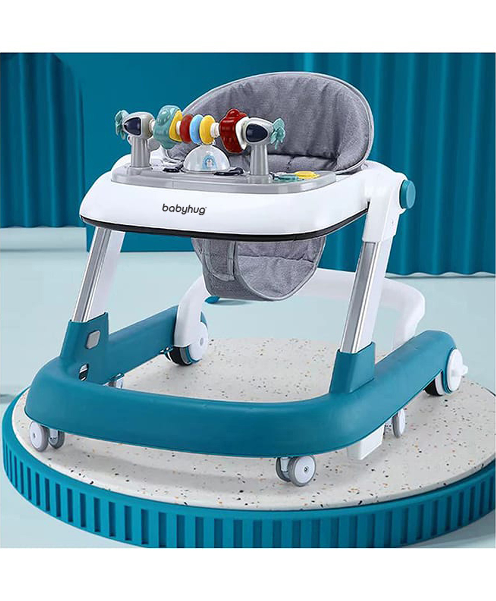 Babyhug 2 in 1 Baby Walker with Anti Fall Protection & Adjustable Height-Blue| Push Walker| Rear Wheels with Speed Control| Soft Padded Seat| Smooth Swivel Wheels| Musical Toy Tray with Engaging Toys-image-32