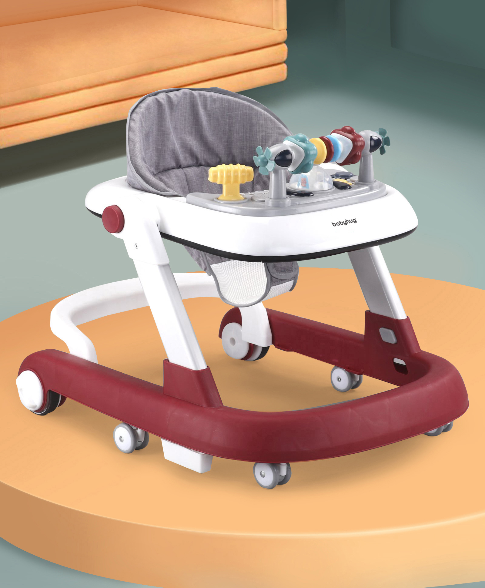 Babyhug 2 in 1 Baby Walker with Anti Fall Protection & Adjustable Height-Red | Push Walker| Rear Wheels with Speed Control| Soft Padded Seat| Smooth Swivel Wheels| Musical Toy Tray with Engaging Toys