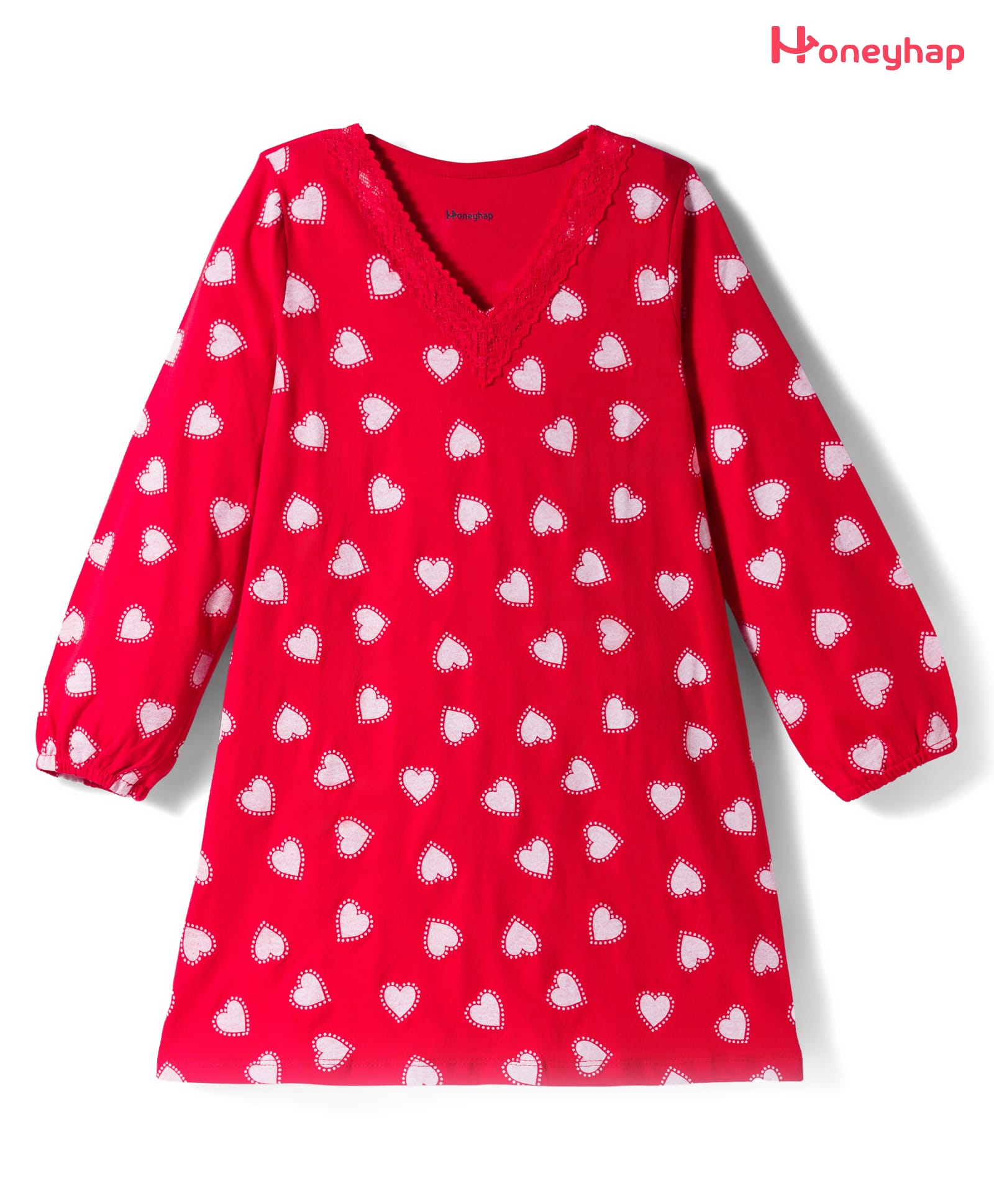 Honeyhap Premium 100% Cotton Knit With Bio Finish Full Sleeves Nighty With Heart Print - High Risk Red-image-27