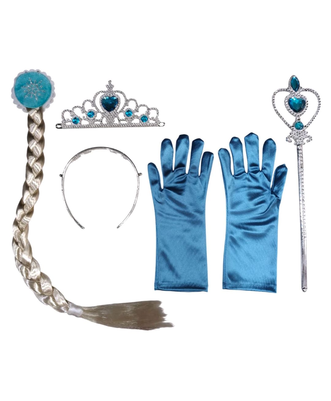 BookMyCostume Satin Fairy Tale Queen Tiara Style Hair Band Gloves & Hair Extension Fancy Dress Costume Accessories Set - Blue & Silver-image-20