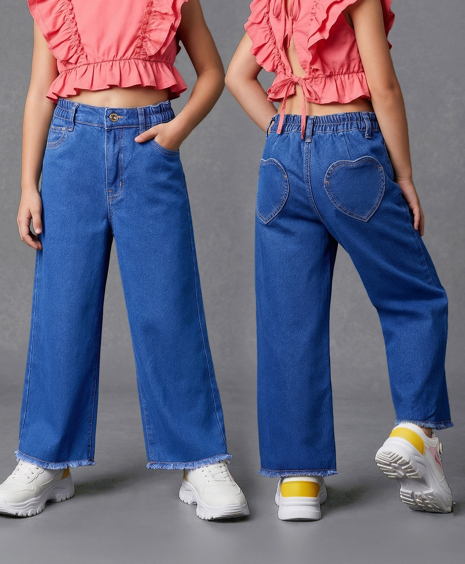 Primo Gino Woven Full Length Wide Leg Washed Denim Jeans With Heart Back Pockets - Navy Blue-picture-32