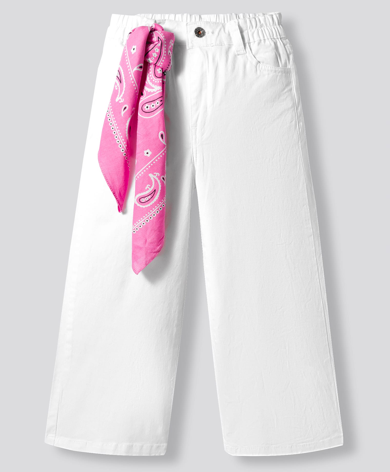 Primo Gino Cotton Lycra Woven Full Length Wide Leg Solid Colour Jeans with Fabric Sash - White