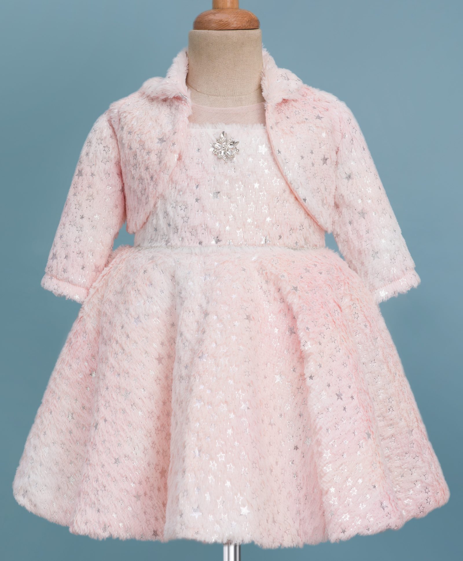 Enfance Butterfly Applique & Fur Detailed Knee Length Dress With Full Sleeves Jacket - Peach-picture-24