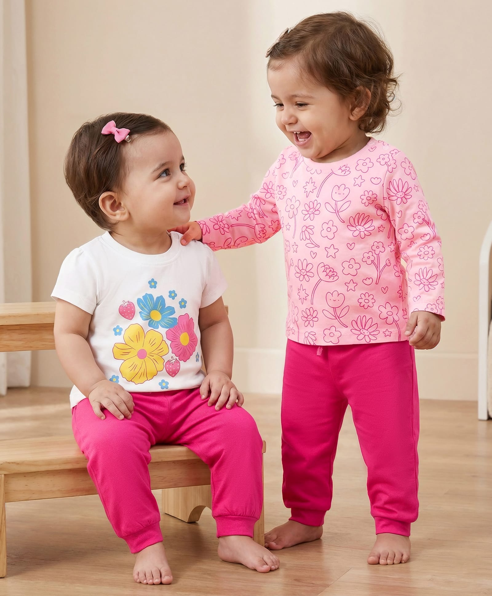 Doodle Poodle 100% Cotton Single Jersey Knit Full Sleeves Floral Printed Tops & Joggers Set- Pink & White-image-13