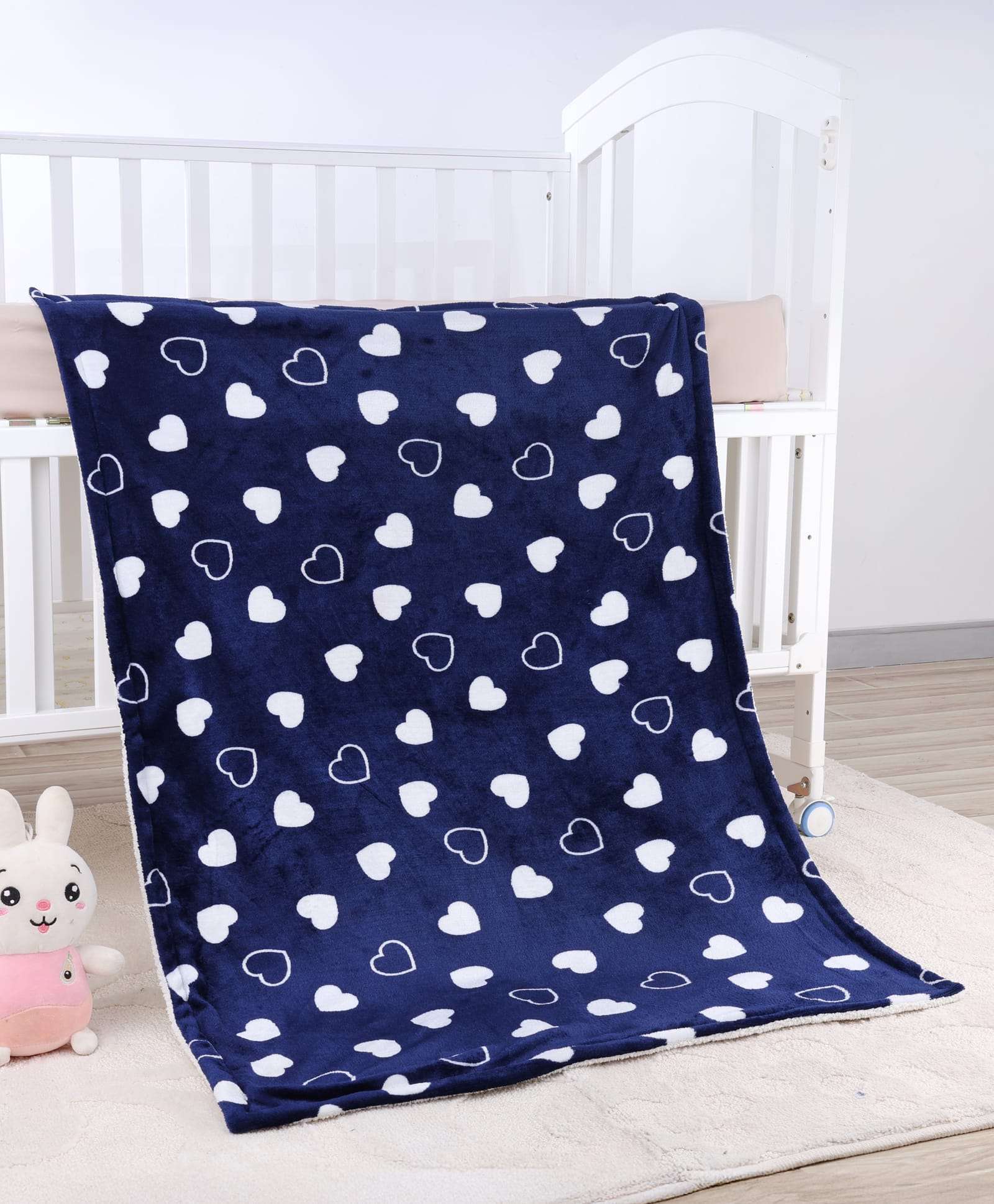 Zoe Baby Flannel Sherpa Blanket for Newborns & Toddlers (03 Years) - Navy Blue| Double Layer Reversible Baby Blanket with Heart Print| Soft & Warm| New Born Gifting-image-9
