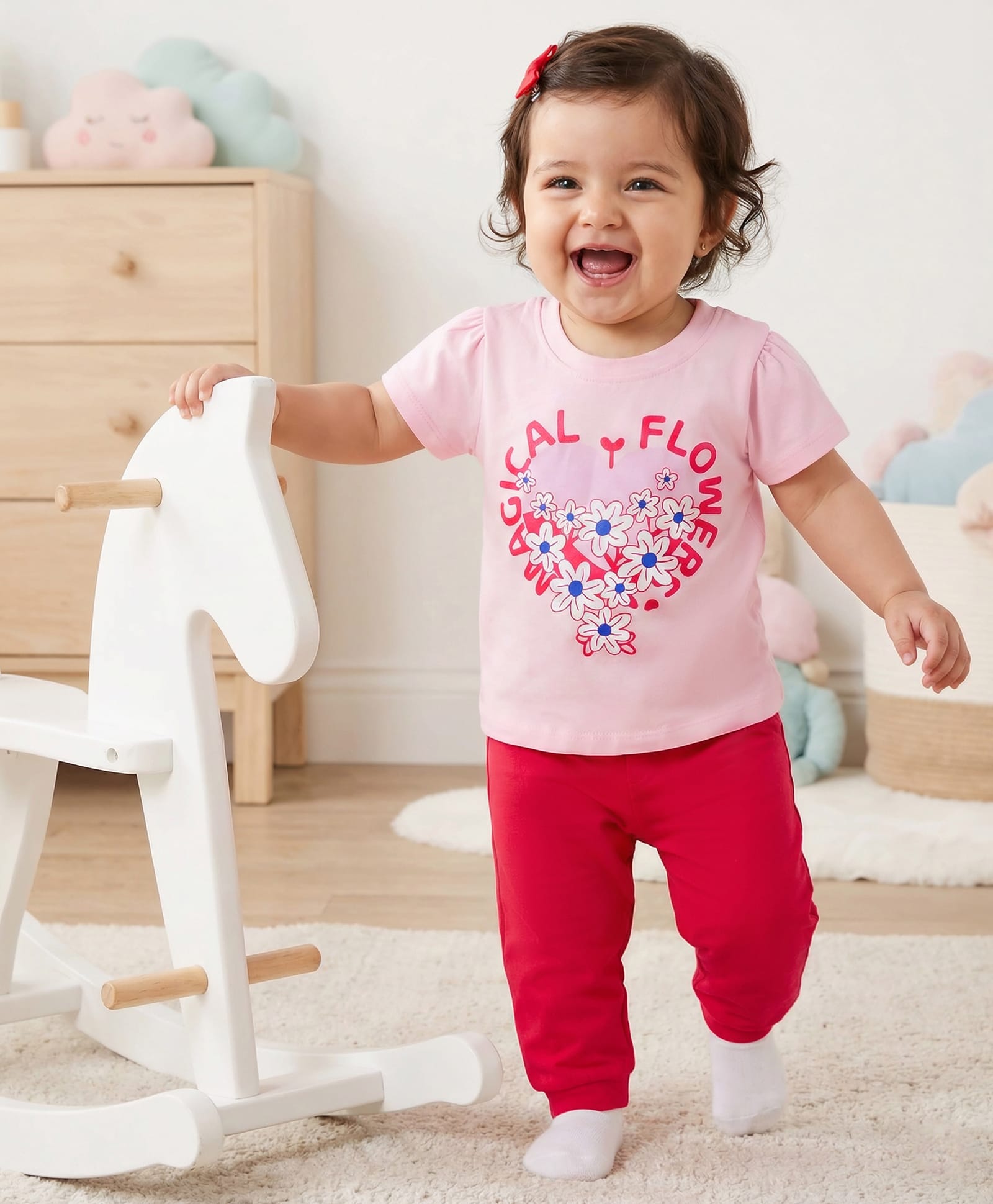 Doodle Poodle 100% Cotton Single Jersey Knit Half Sleeves Top 7 Lounge Pant Set with Floral Print & Bow Applique - Red & Baby Pink-picture-19