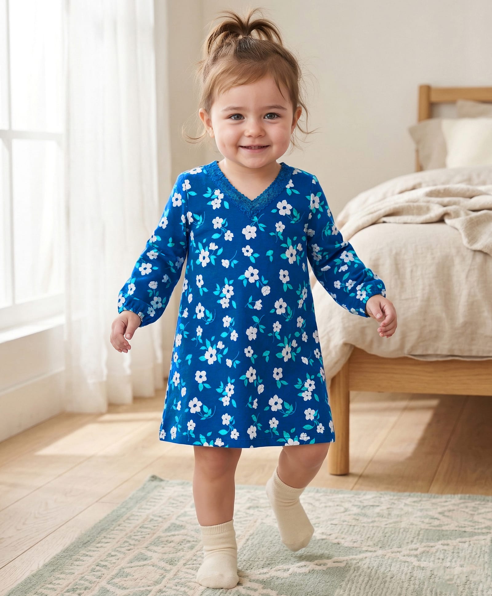 Honeyhap Premium 100% Cotton Knit With Bio Finish Full Sleeves Nighty With Floral Print - Mykonos Blue-picture-28