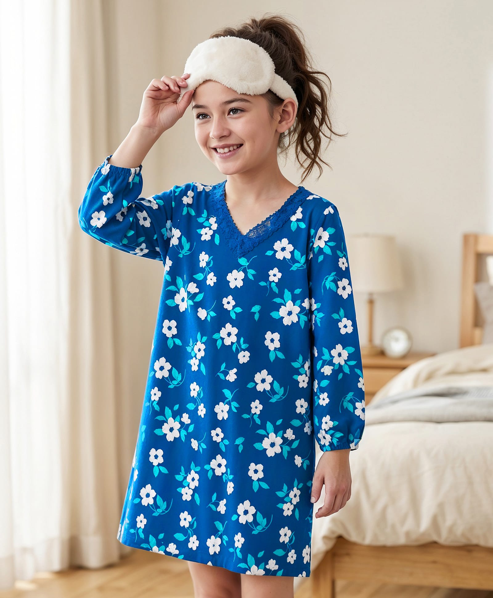 Honeyhap Premium 100% Cotton Knit With Bio Finish Full Sleeves Nighty With Floral Print - Mykonos Blue-picture-16