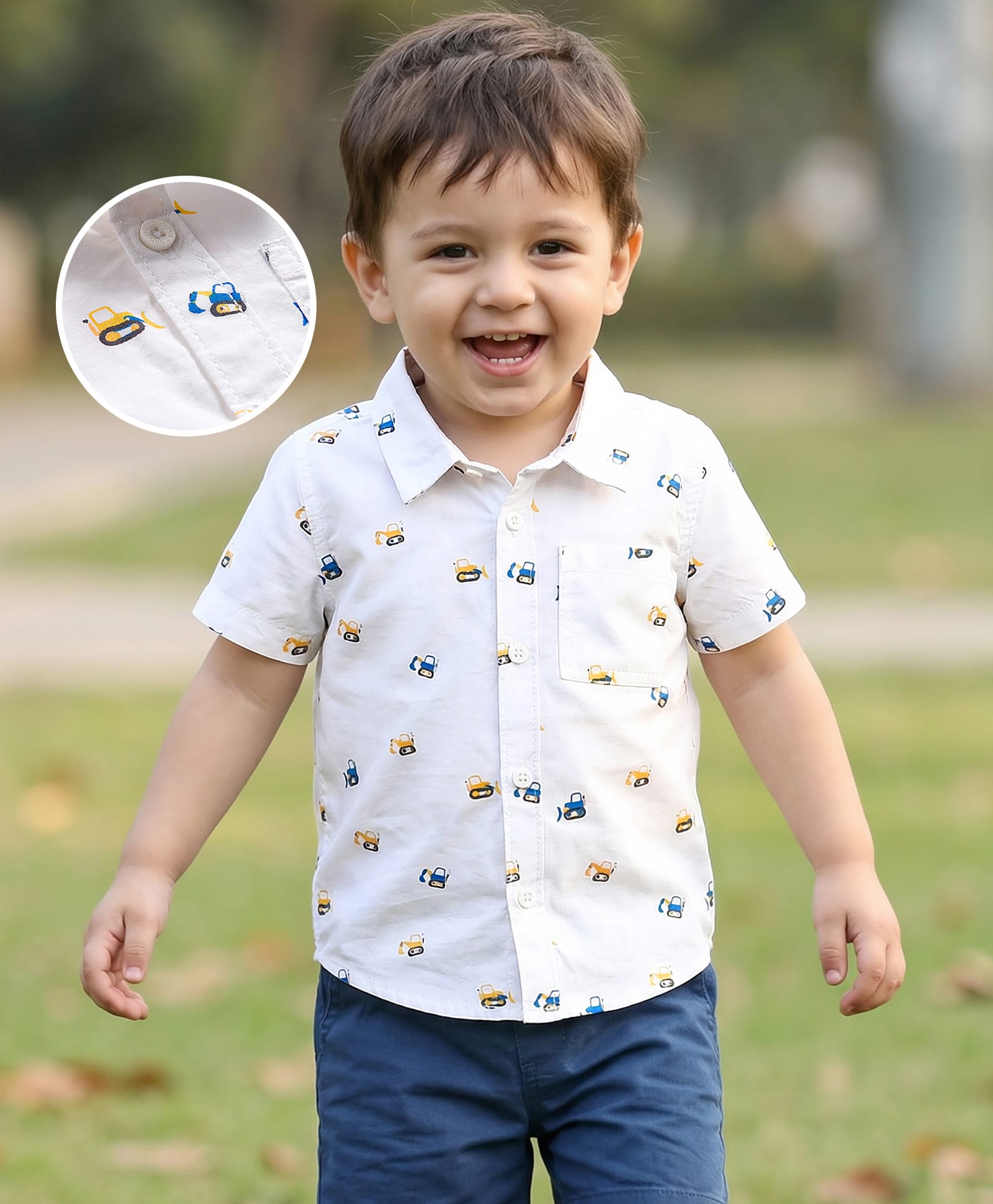 Babyhug Cotton Woven Half Sleeves Construction Vehicle Printed Shirt - White-picture-16