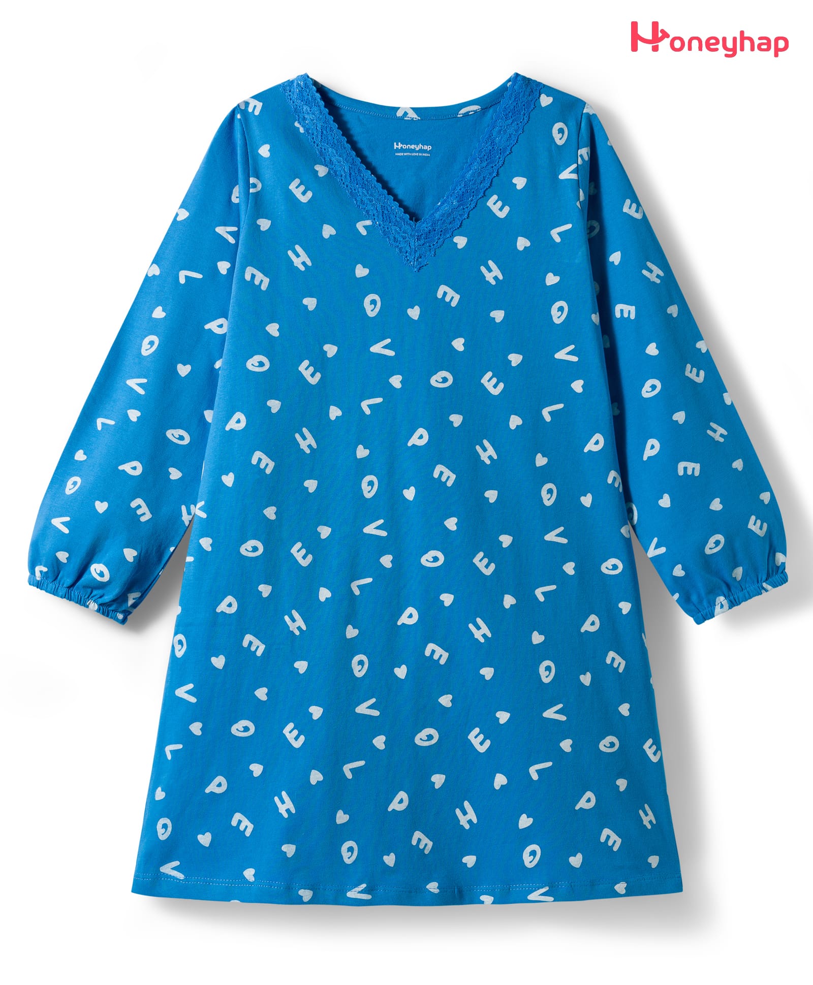 Honeyhap Premium 100% Cotton Knit with Bio Finish Full Sleeves Nighty with Alphabets Print - Malibu Blue-picture-1