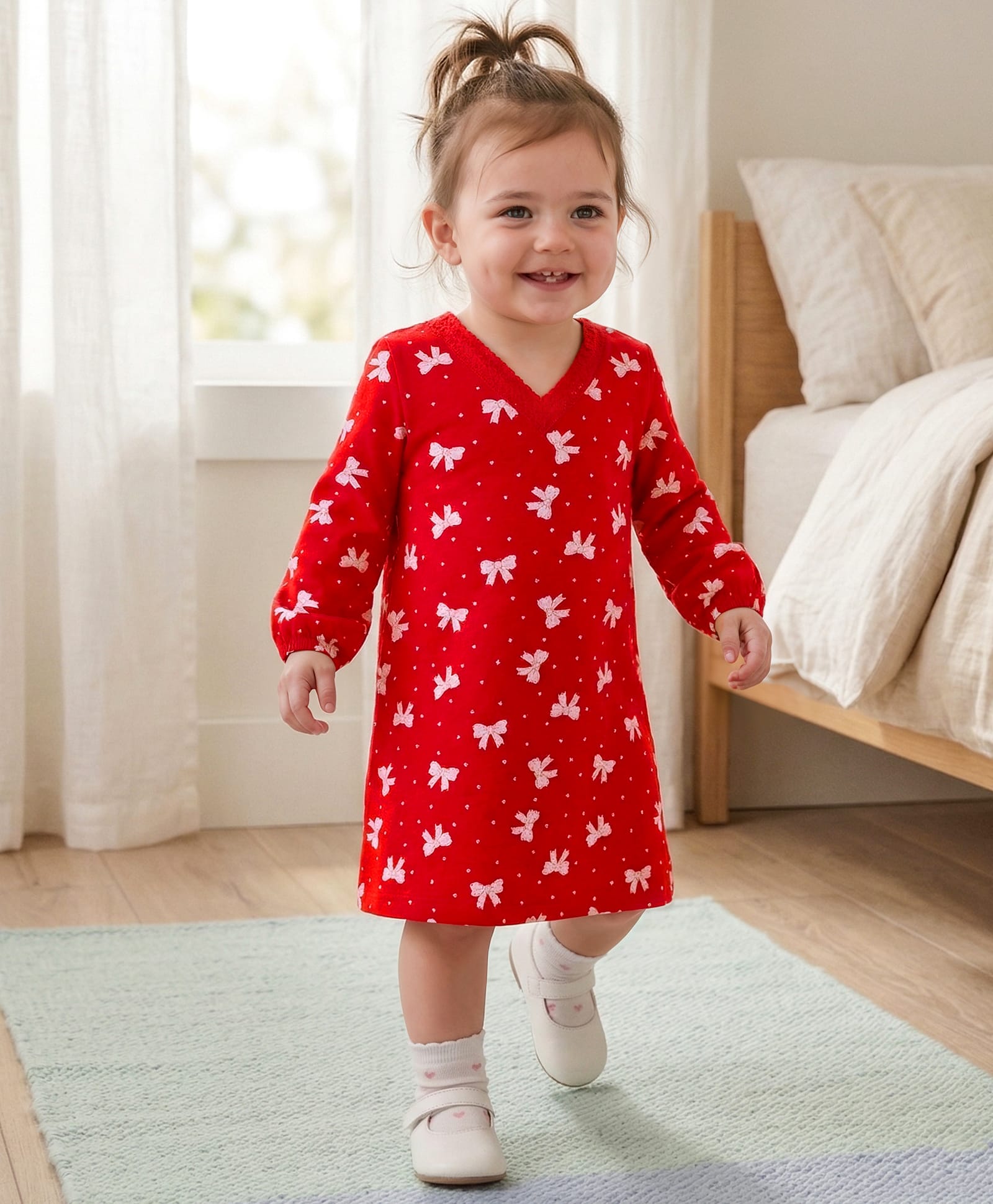 Honeyhap Premium 100% Cotton Knit With Bio Finish Full Sleeves Nighty With Bow Print - Dark Red-picture-33